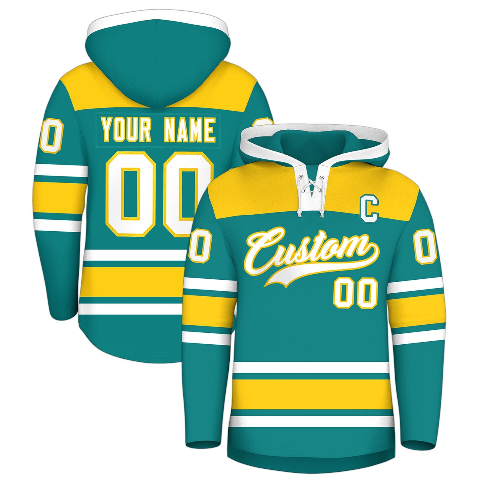 Custom Hockey Hoodie Jersey Teal Gold Raglan Sleeves Lace-Up Neck Personal Name & Number & Logo