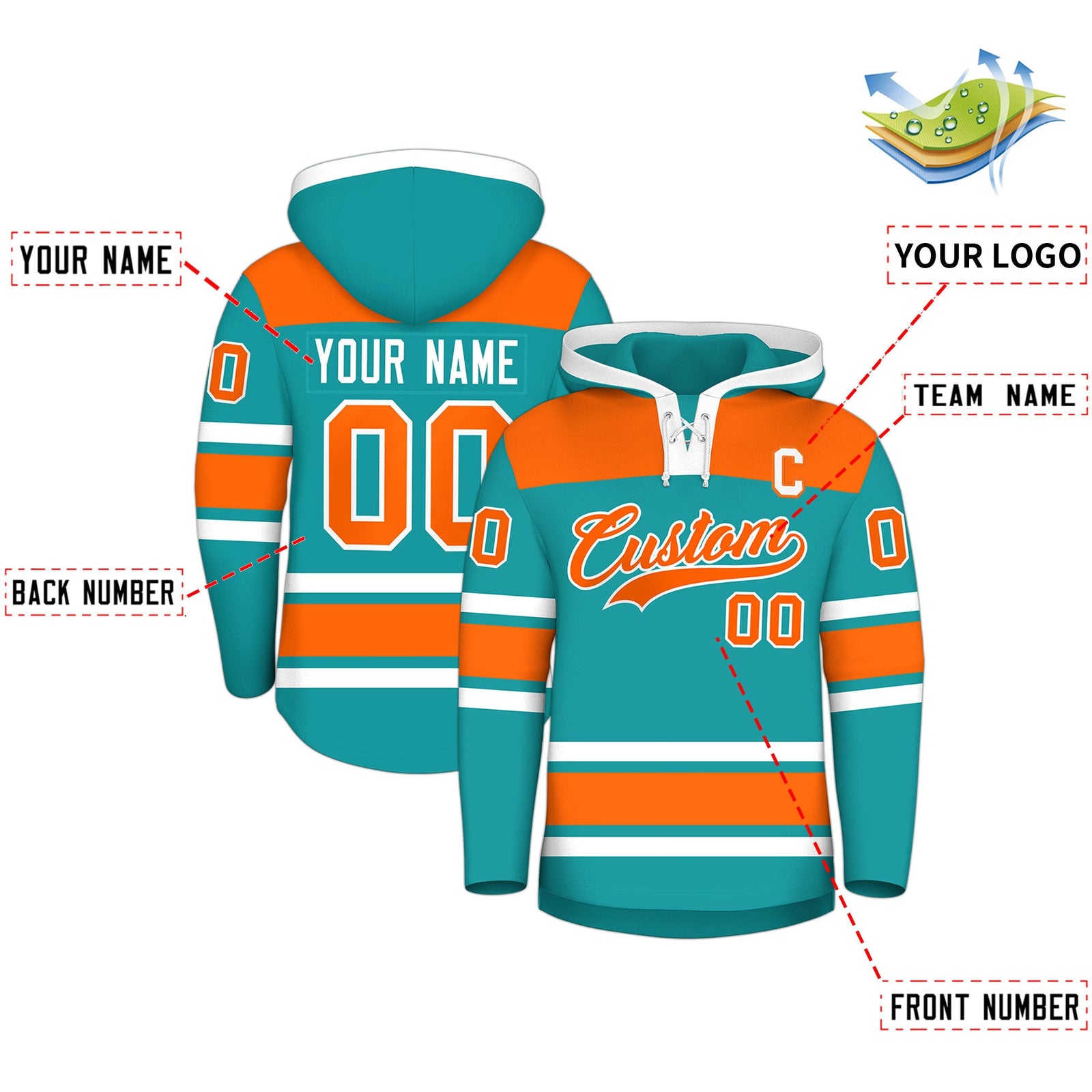 Custom Hockey Hoodie Jersey Aqua Orange Raglan Sleeves Lace-Up Neck Personalized Jersey for Men & Youth