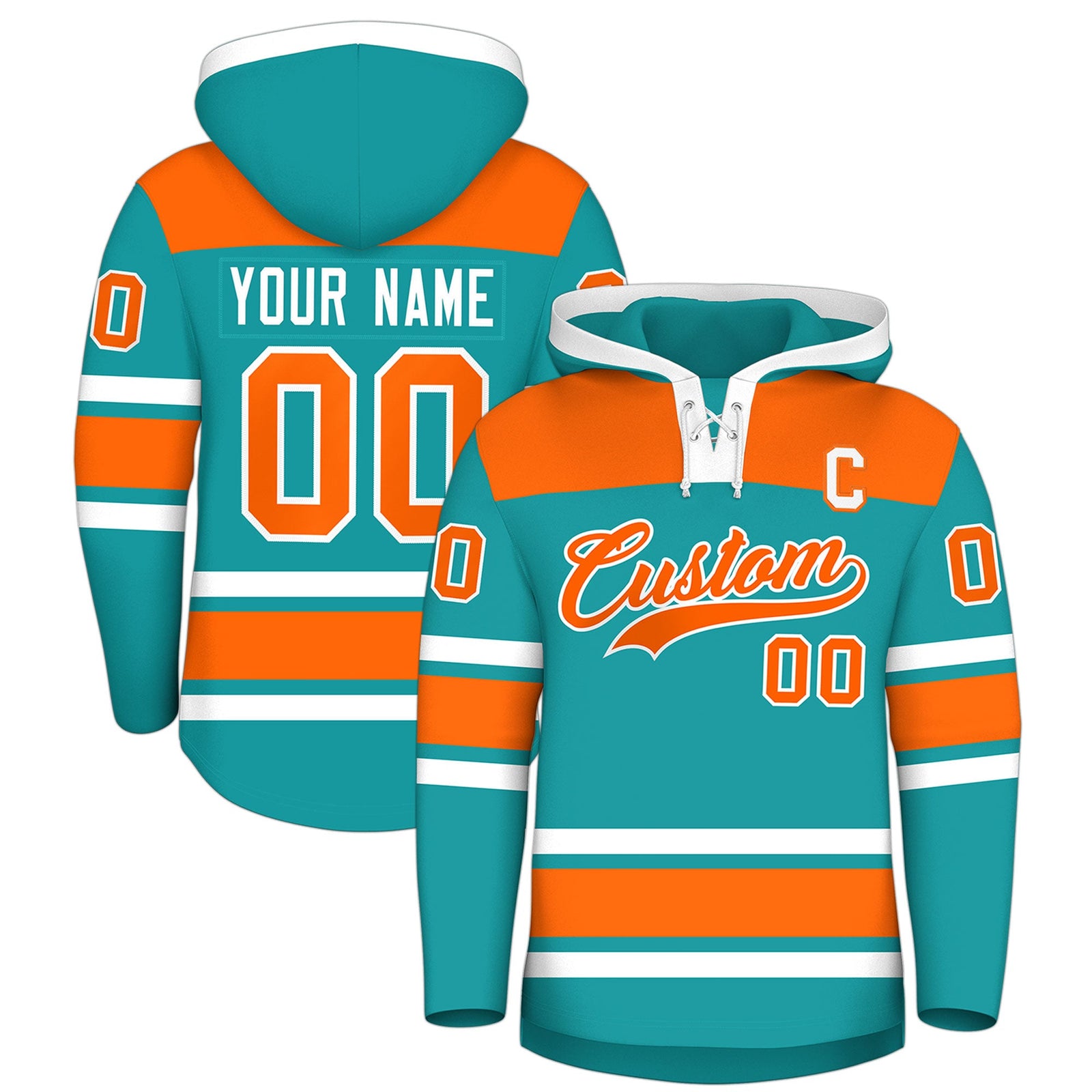 Custom Hockey Hoodie Jersey Aqua Orange Raglan Sleeves Lace-Up Neck Personalized Jersey for Men & Youth