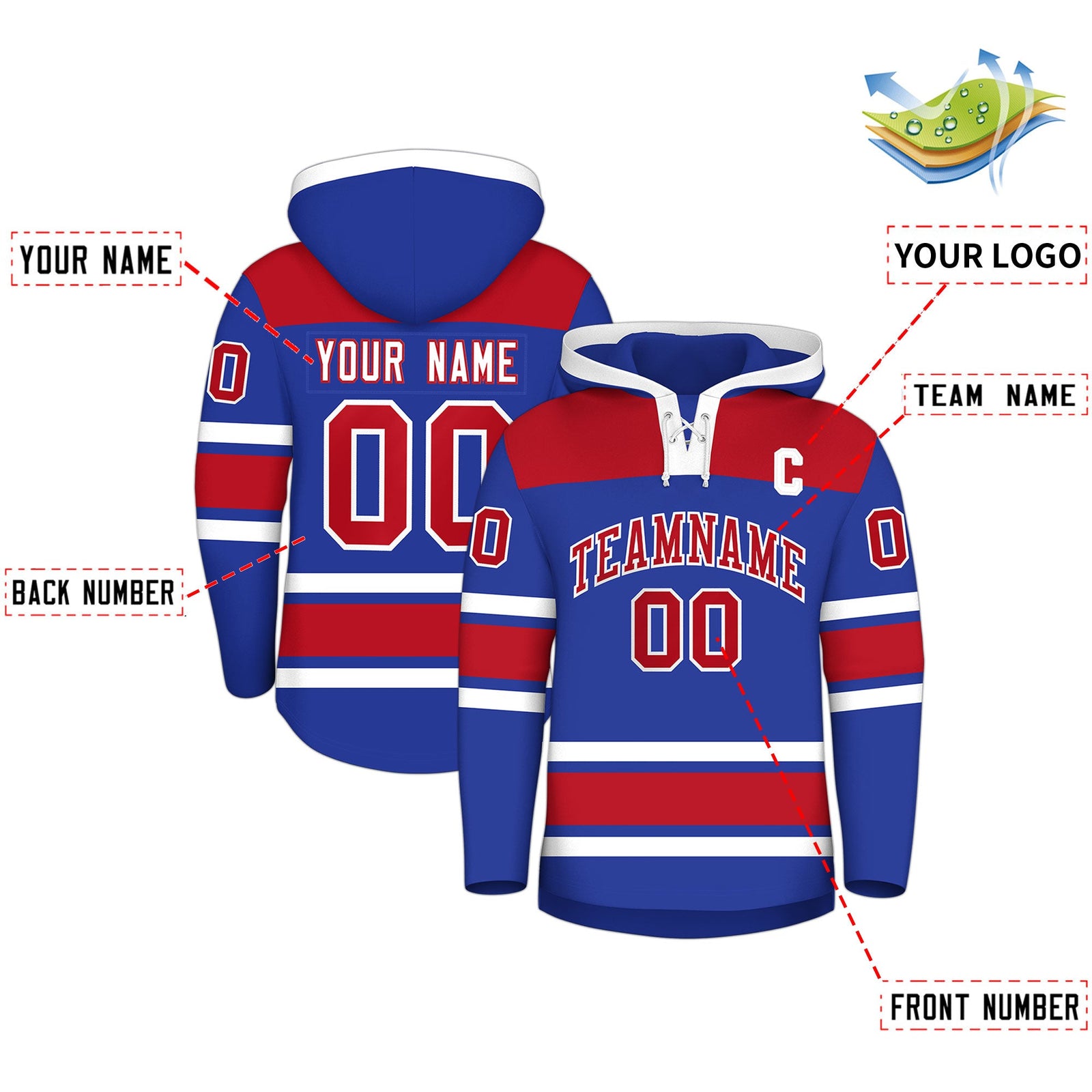 Custom Hockey Hoodie Jersey Royal Blue Red Raglan Sleeves Lace-Up Neck Personal Name & Number & Logo