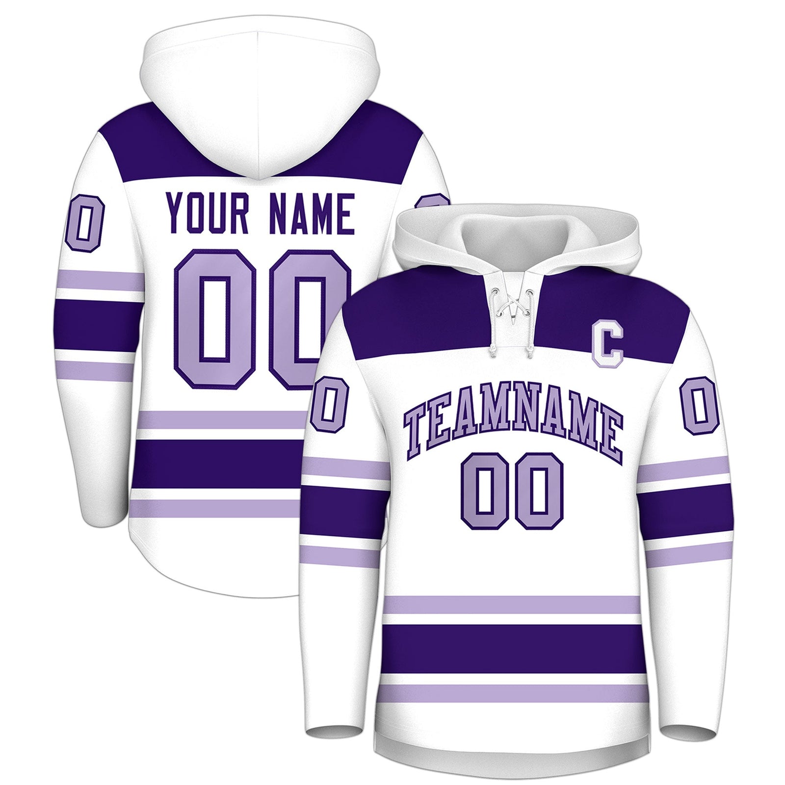 Custom Hockey Hoodie Jersey White Purple Raglan Sleeves Lace-Up Neck Personalized Jersey for Men & Youth