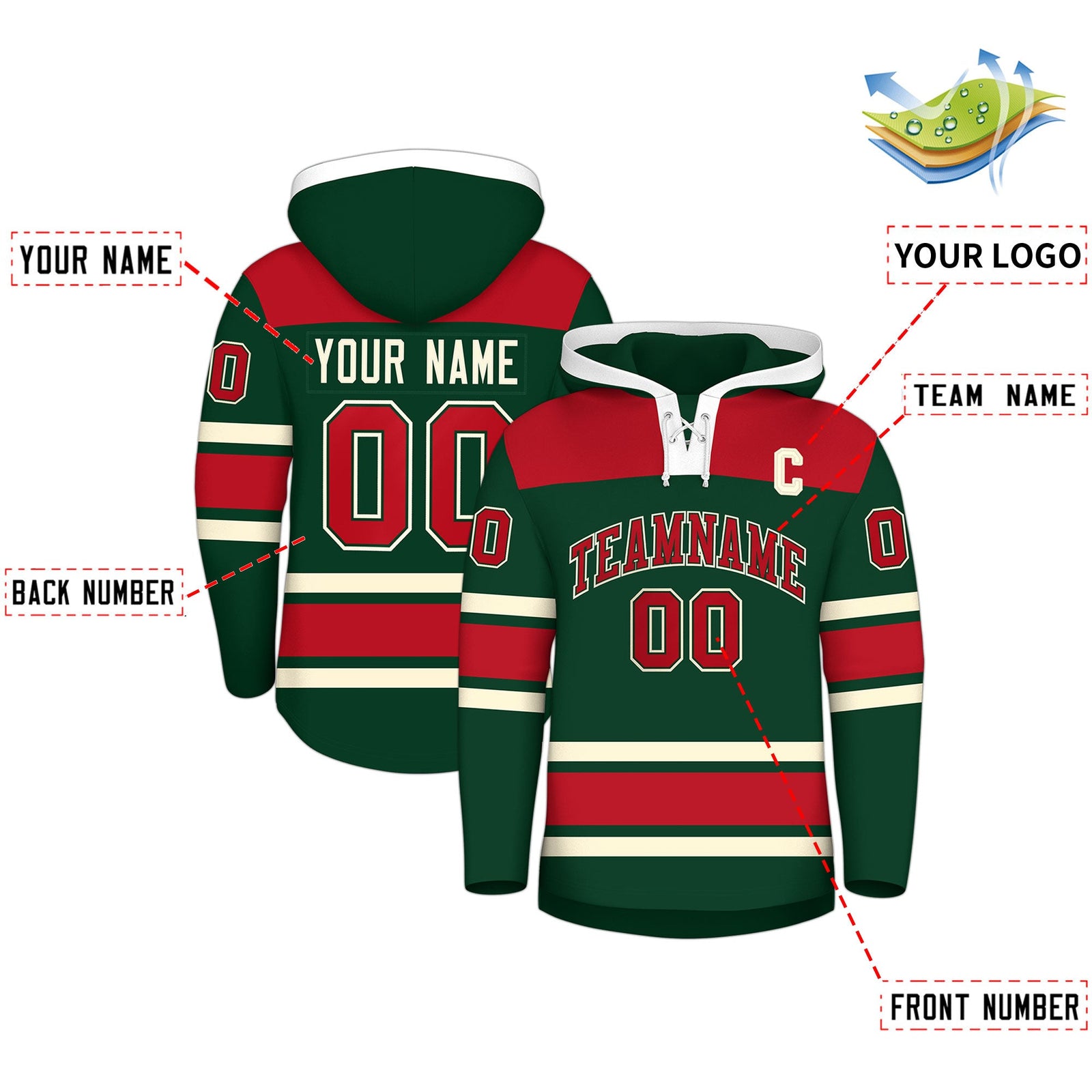 Custom Hockey Hoodie Jersey Green Red Raglan Sleeves Lace-Up Neck Classic Team Colors Hoodie