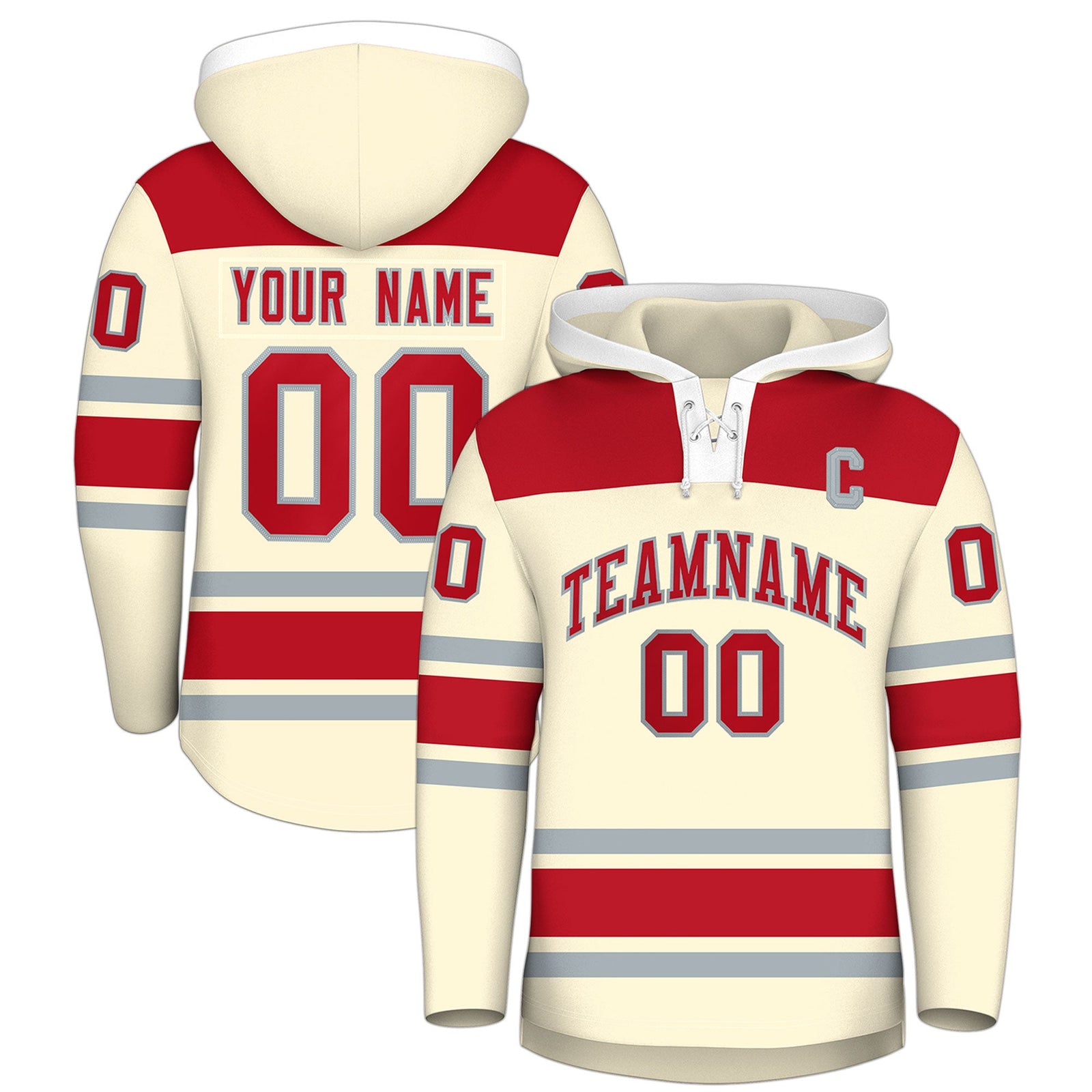 Custom Hockey Hoodie Jersey Cream Red Raglan Sleeves Lace-Up Neck Personal Name & Number & Logo