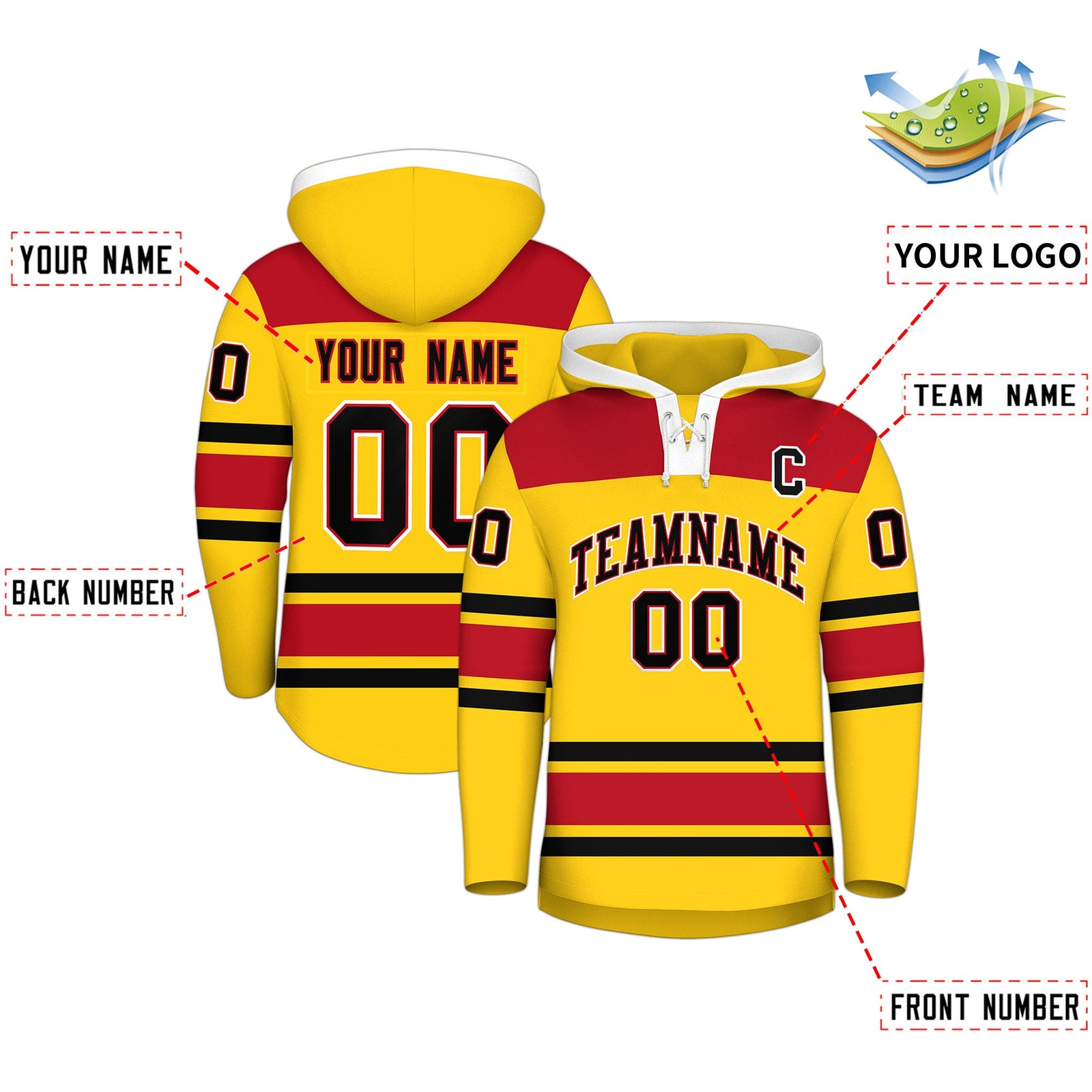 Custom Hockey Hoodie Jersey Gold Red Raglan Sleeves Lace-Up Neck Personal Name & Number & Logo