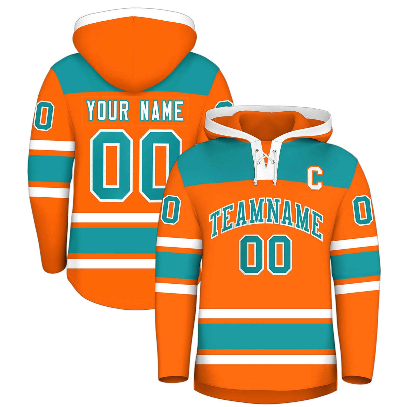 Custom Hockey Hoodie Jersey Orange Aqua Raglan Sleeves Lace-Up Neck Classic Team Colors Hoodie