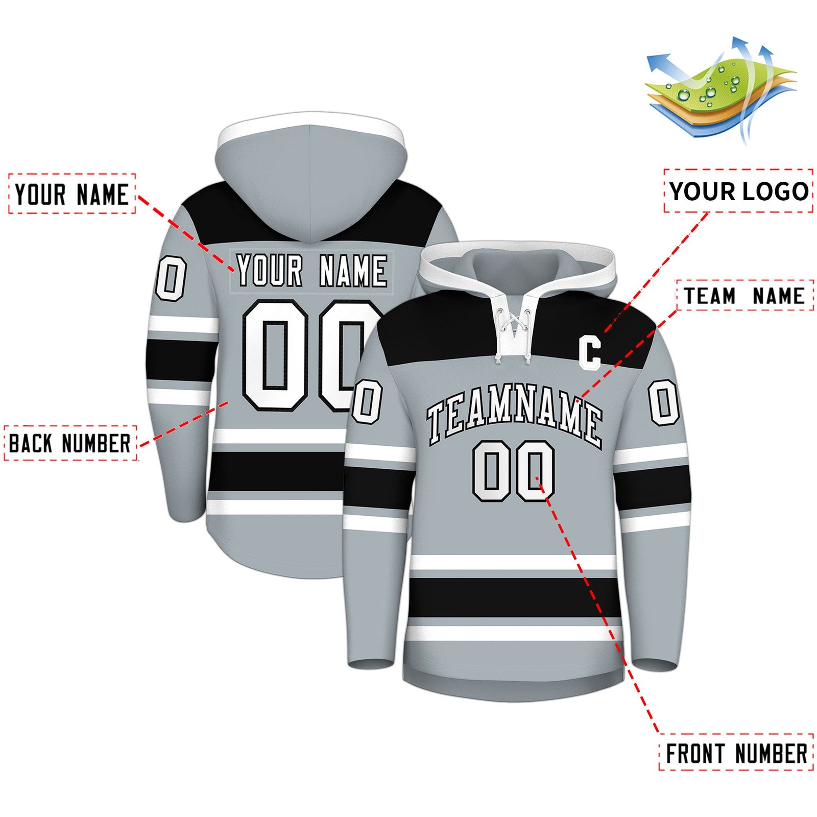 Custom Hockey Hoodie Jersey Silver Black Raglan Sleeves Lace-Up Neck Classic Team Colors Hoodie