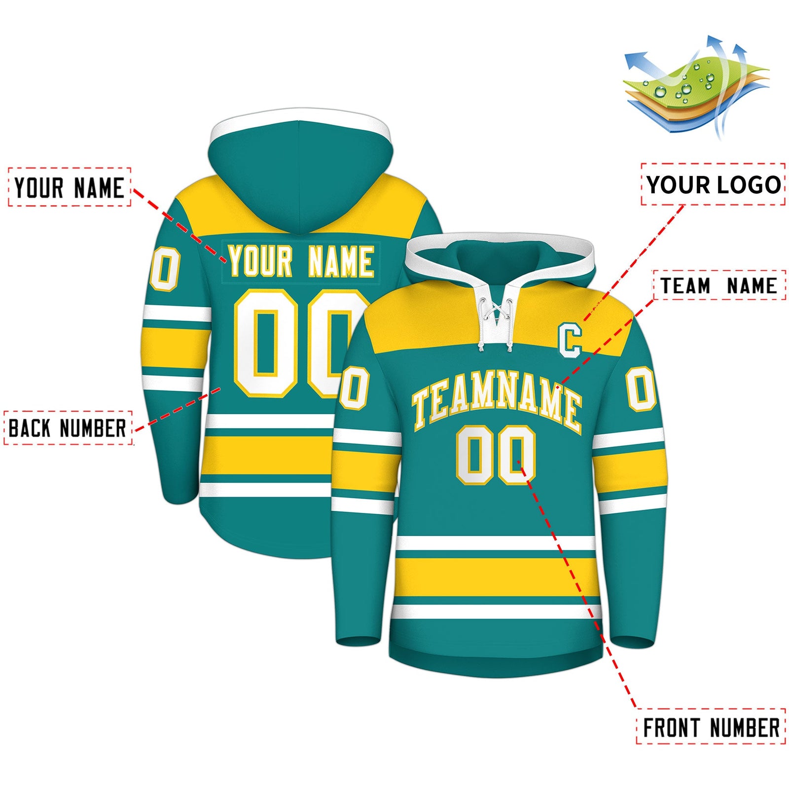 Custom Hockey Hoodie Jersey Teal Gold Raglan Sleeves Lace-Up Neck Personal Name & Number & Logo