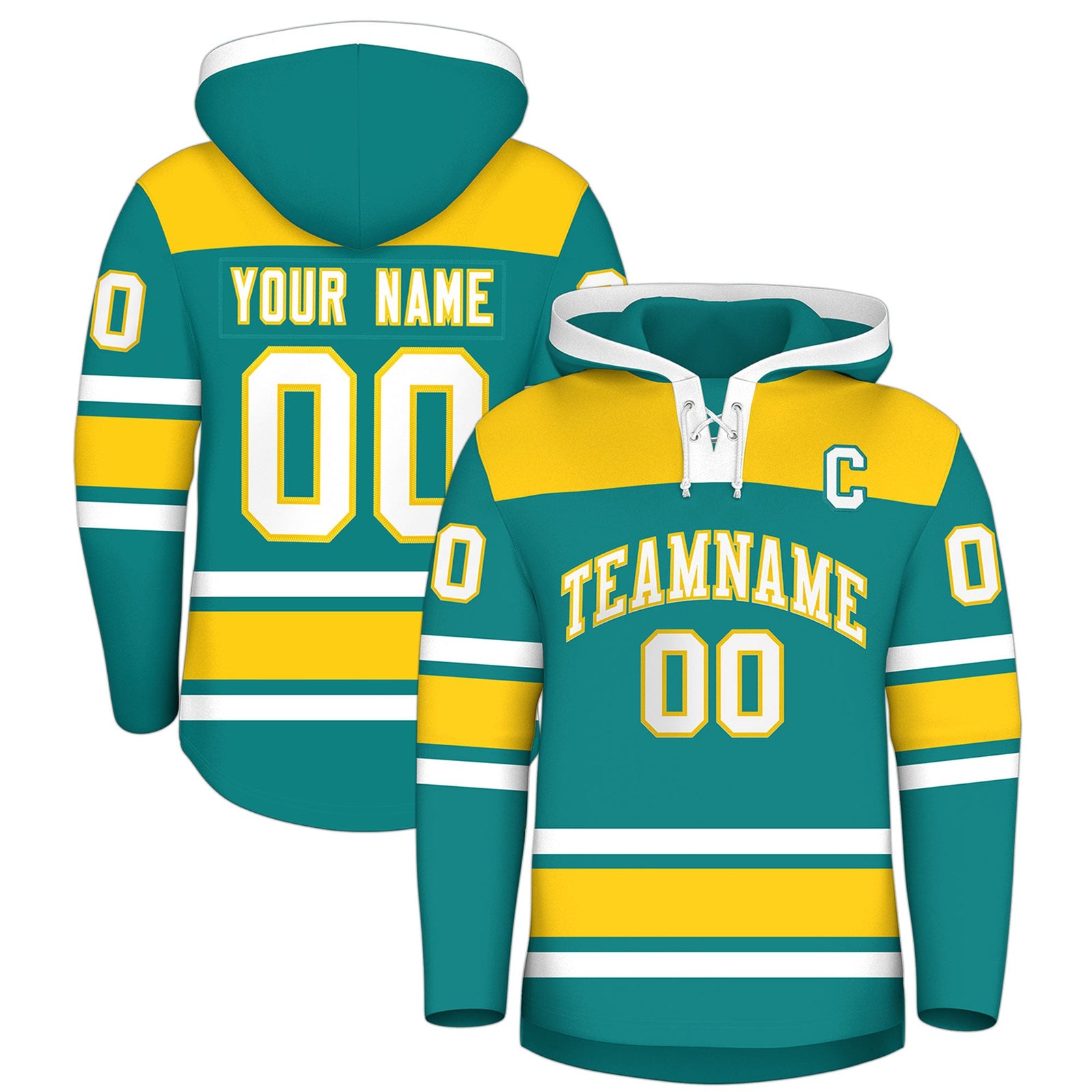 Custom Hockey Hoodie Jersey Teal Gold Raglan Sleeves Lace-Up Neck Personal Name & Number & Logo