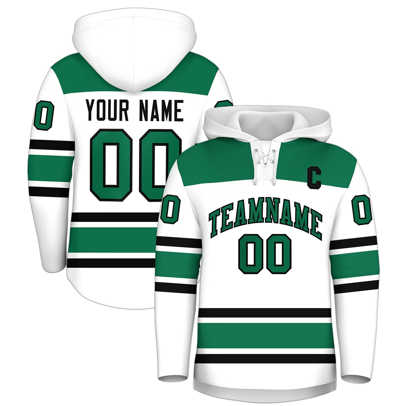 Custom Hockey Hoodie Jersey White Kelly Green Raglan Sleeves Lace-Up Neck Classic Team Colors Hoodie