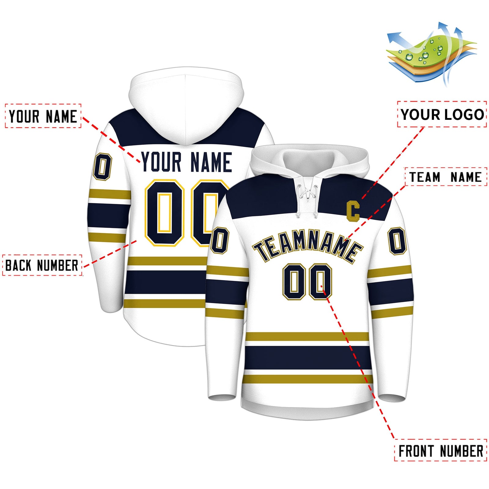 Custom Hockey Hoodie Jersey White Navy Raglan Sleeves Lace-Up Neck Personal Name & Number & Logo
