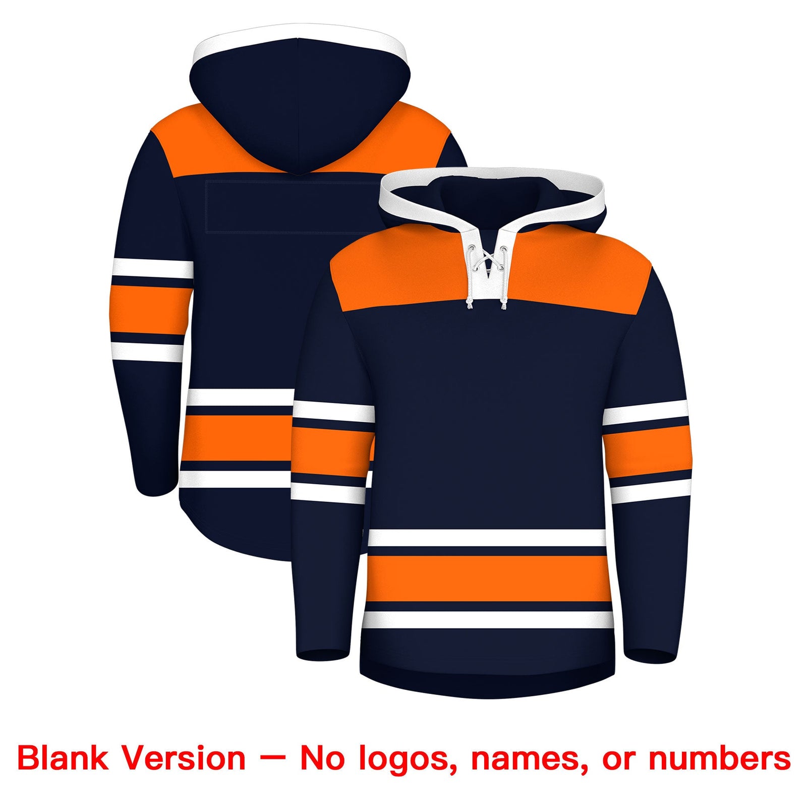 Custom Hockey Hoodie Jersey Navy Orange Raglan Sleeves Lace-Up Neck Personal Name & Number & Logo
