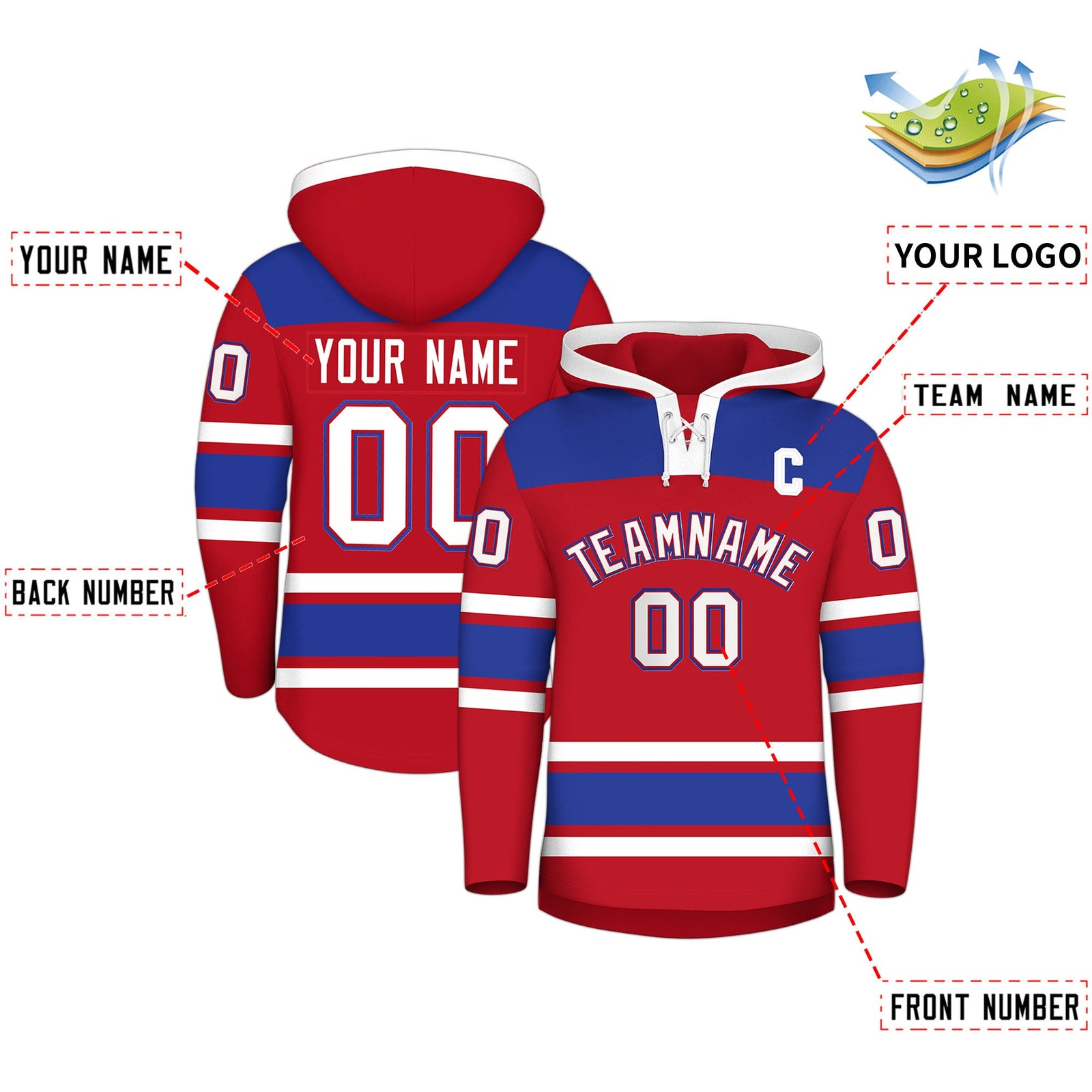 Custom Hockey Hoodie Jersey Red Royal Blue Raglan Sleeves Lace-Up Neck Personalized Jersey for Men & Youth