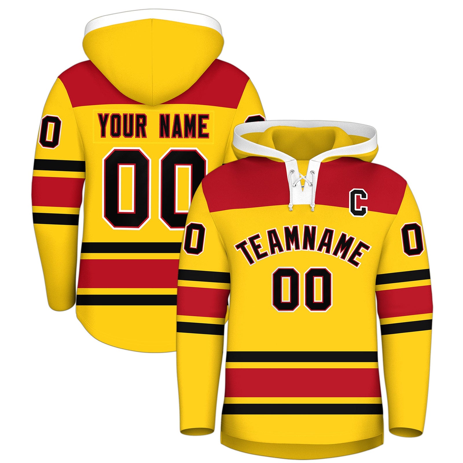Custom Hockey Hoodie Jersey Gold Red Raglan Sleeves Lace-Up Neck Personal Name & Number & Logo