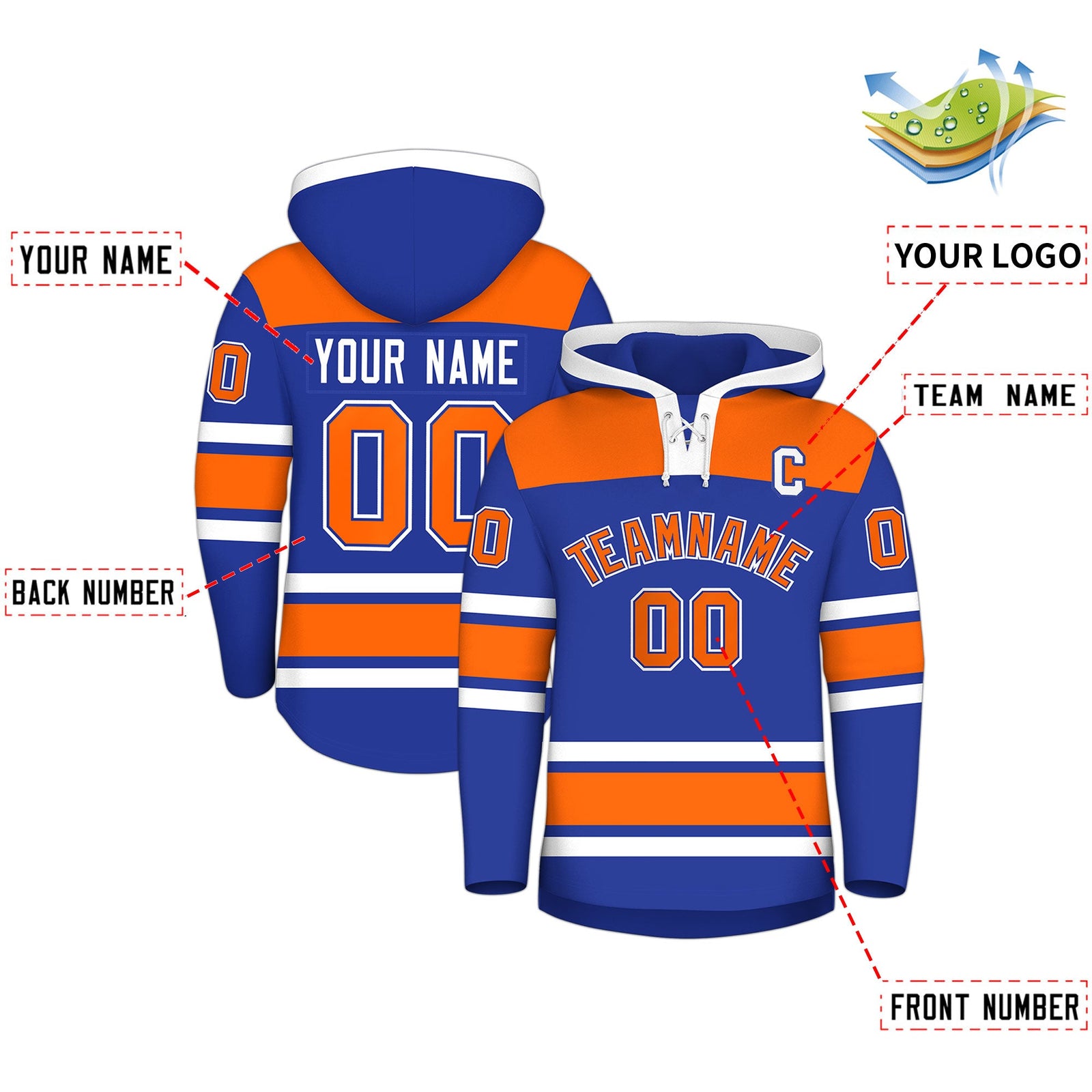 Custom Hockey Hoodie Jersey Royal Blue Orange Raglan Sleeves Lace-Up Neck Personal Name & Number & Logo