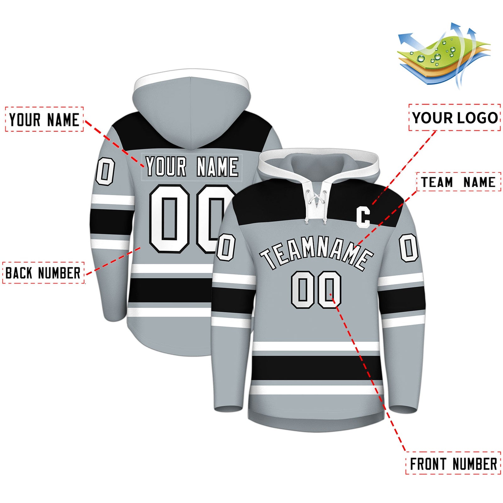 Custom Hockey Hoodie Jersey Silver Black Raglan Sleeves Lace-Up Neck Classic Team Colors Hoodie