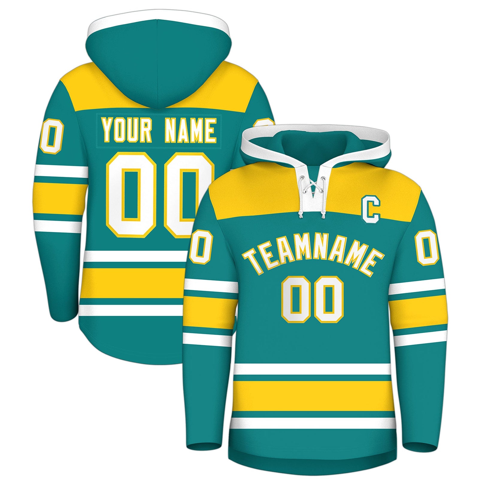 Custom Hockey Hoodie Jersey Teal Gold Raglan Sleeves Lace-Up Neck Personal Name & Number & Logo