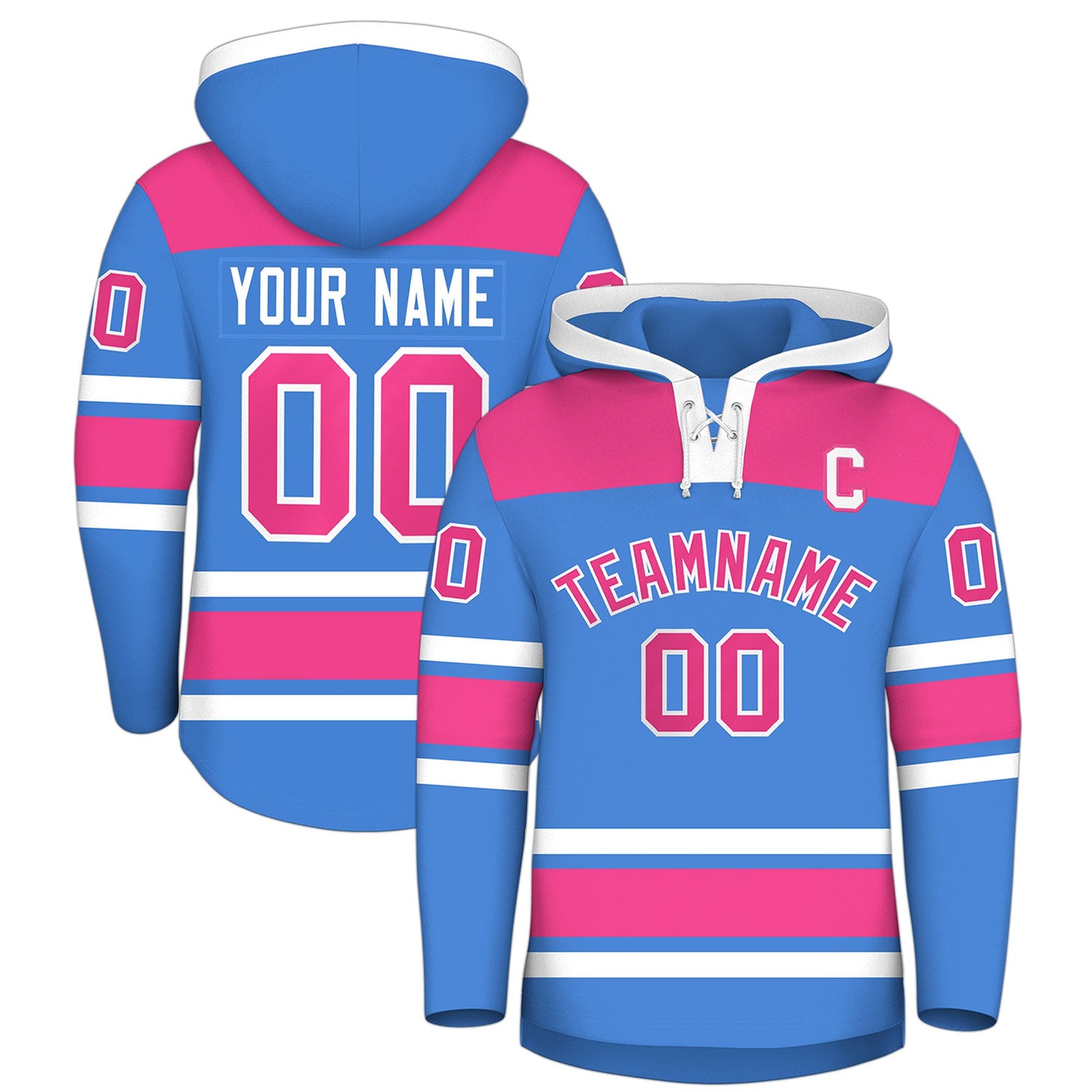 Custom Hockey Hoodie Jersey Powder Blue Raglan Sleeves Lace-Up Neck Personal Name & Number & Logo
