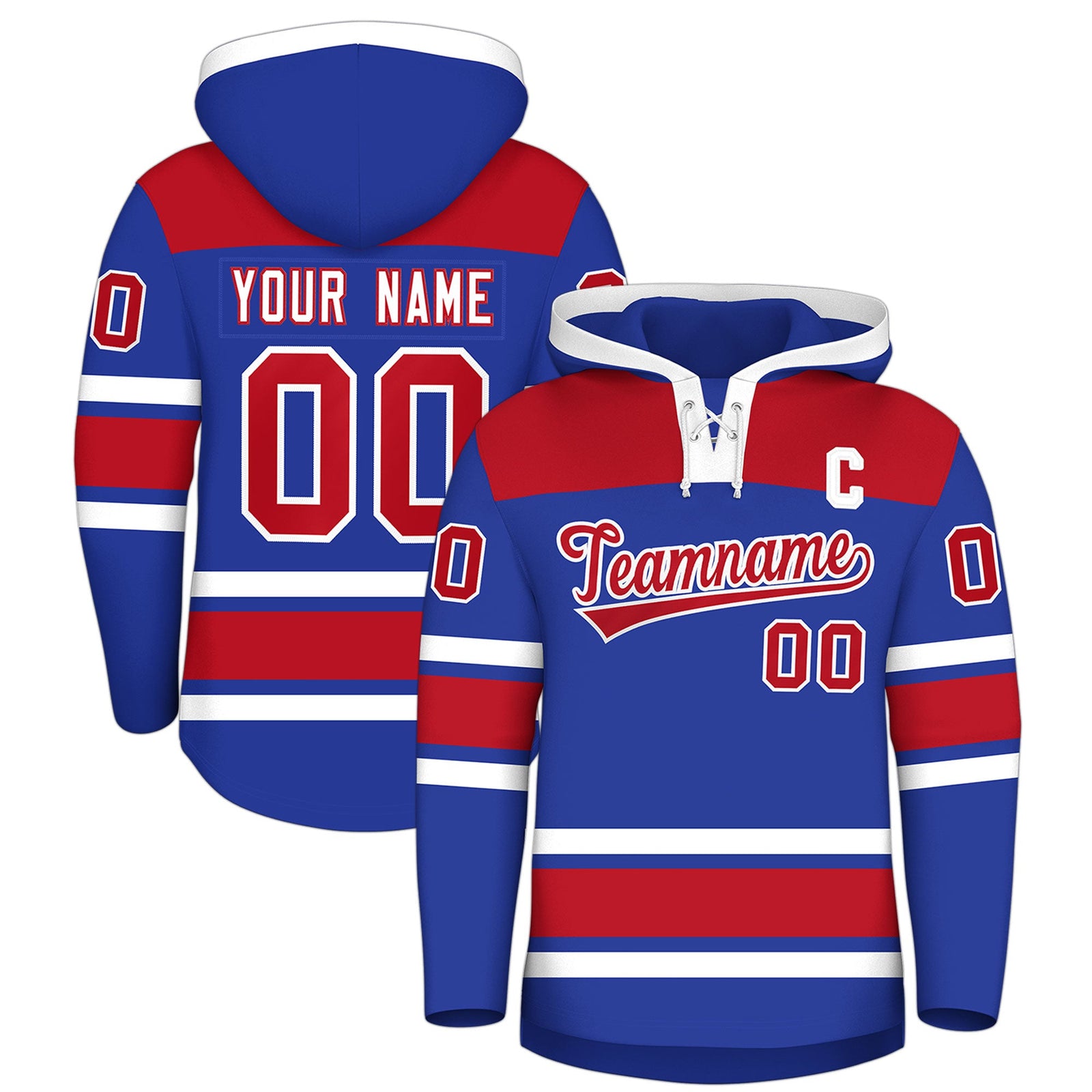 Custom Hockey Hoodie Jersey Royal Blue Red Raglan Sleeves Lace-Up Neck Personal Name & Number & Logo