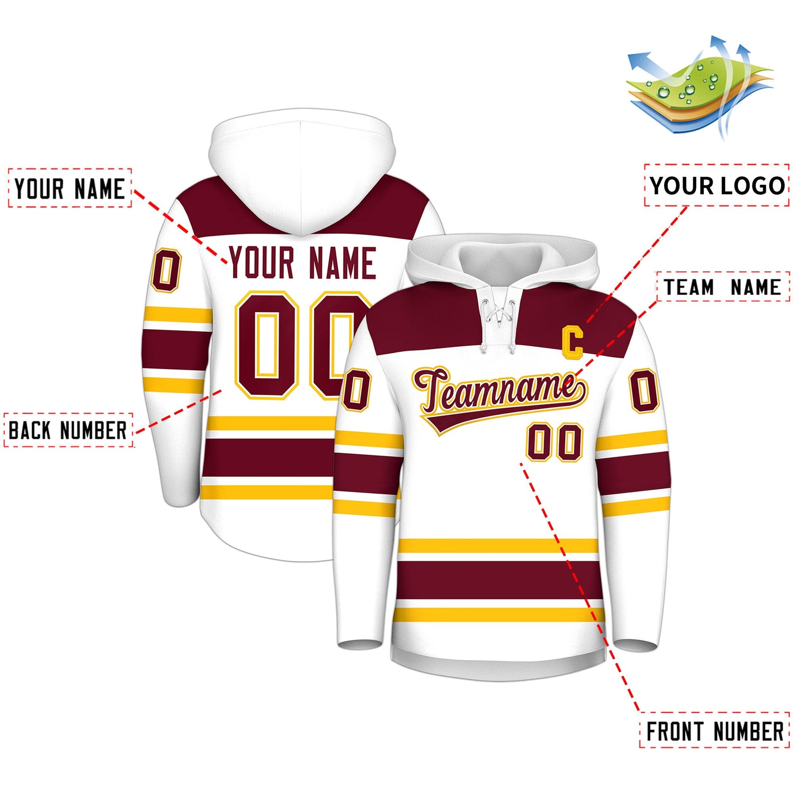 Custom Hockey Hoodie Jersey White Crimson Raglan Sleeves Lace-Up Neck Personalized Jersey for Men & Youth