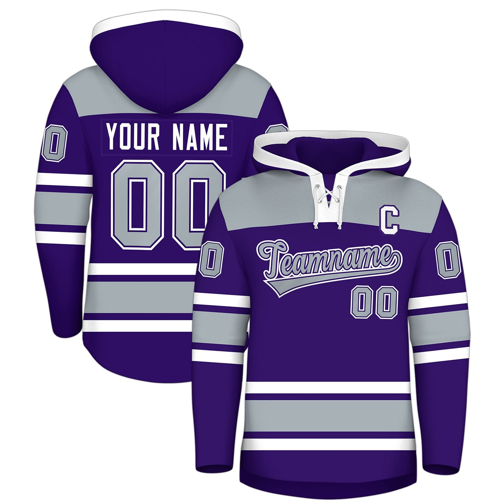 Custom Hockey Hoodie Jersey Purple Silver Raglan Sleeves Lace-Up Neck Personal Name & Number & Logo