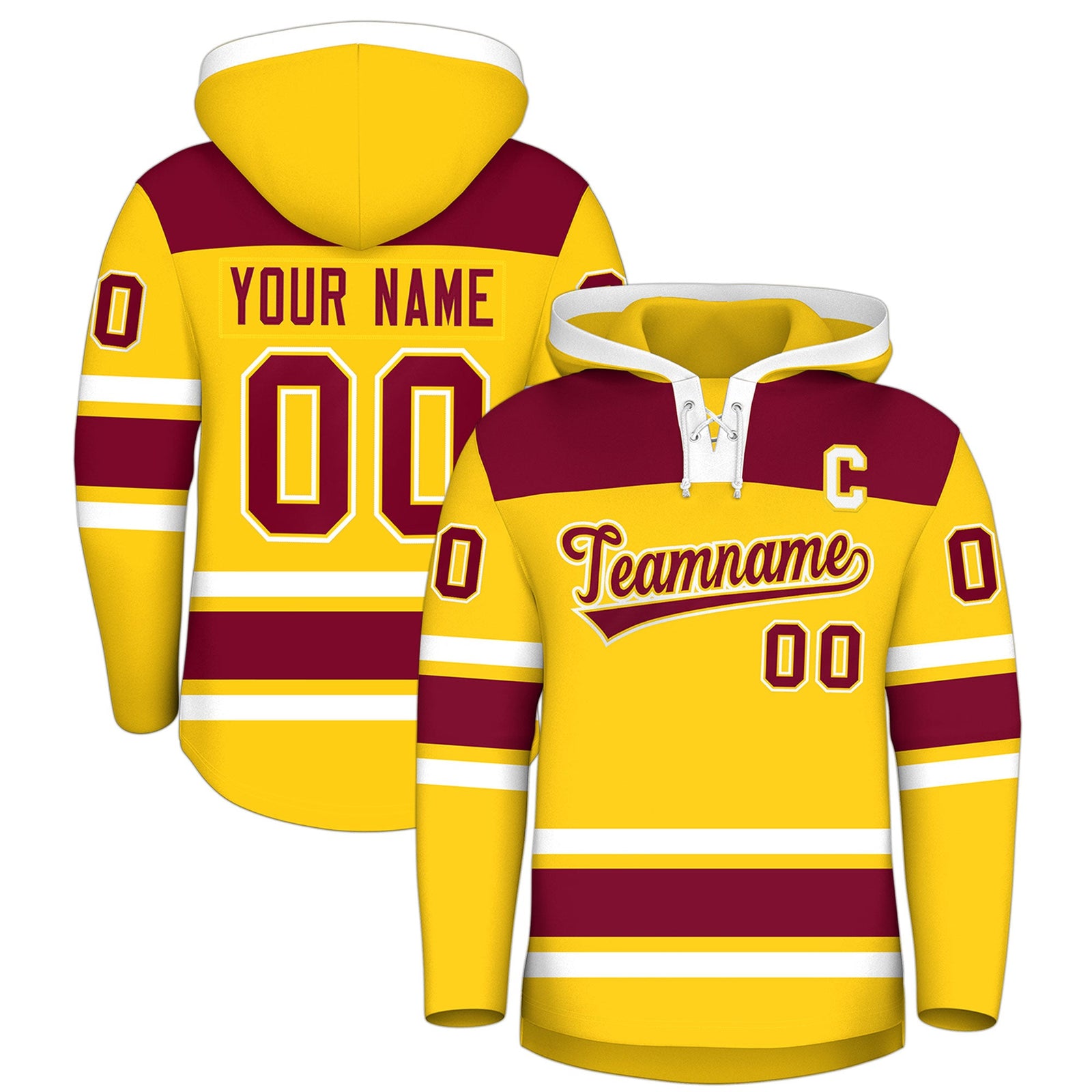 Custom Hockey Hoodie Jersey Gold Crimson Raglan Sleeves Lace-Up Neck Personalized Jersey for Men & Youth