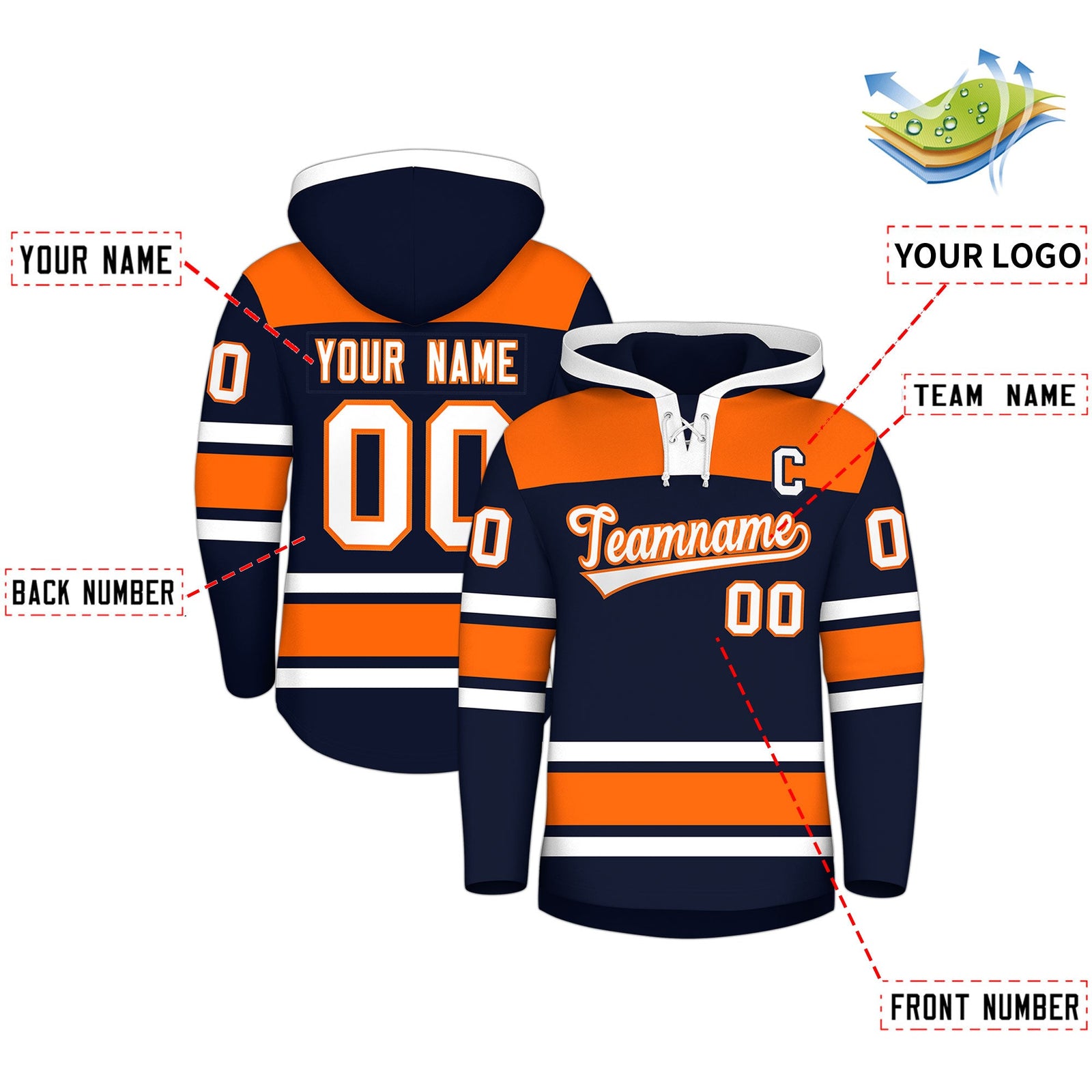 Custom Hockey Hoodie Jersey Navy Orange Raglan Sleeves Lace-Up Neck Personal Name & Number & Logo