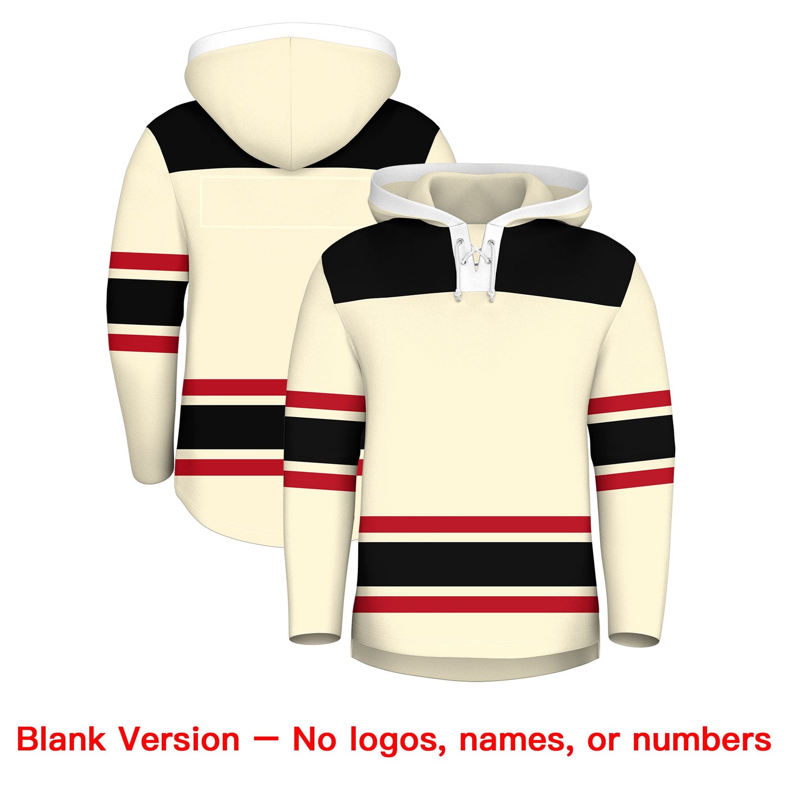Custom Hockey Hoodie Jersey Cream Black Raglan Sleeves Lace-Up Neck Personal Name & Number & Logo