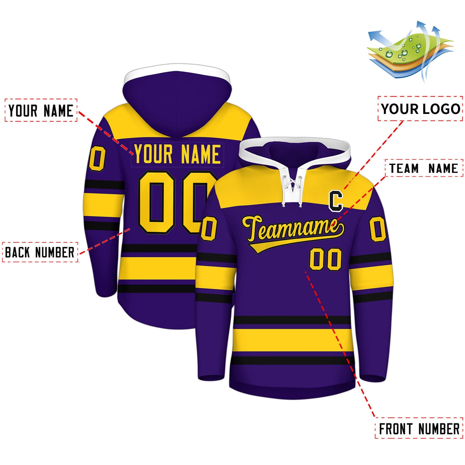 Custom Hockey Hoodie Jersey Purple Gold Raglan Sleeves Lace-Up Neck Personal Name & Number & Logo