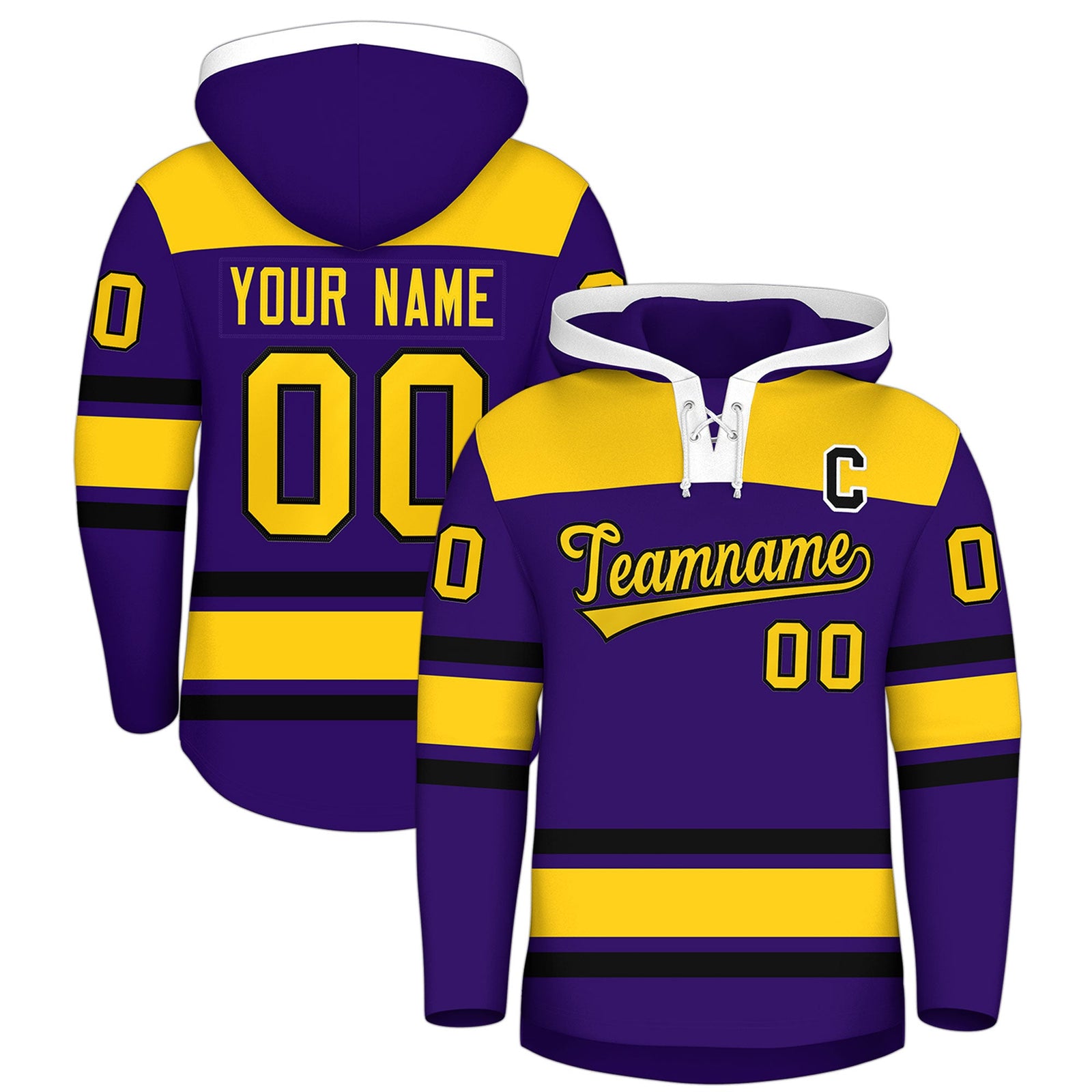 Custom Hockey Hoodie Jersey Purple Gold Raglan Sleeves Lace-Up Neck Personal Name & Number & Logo