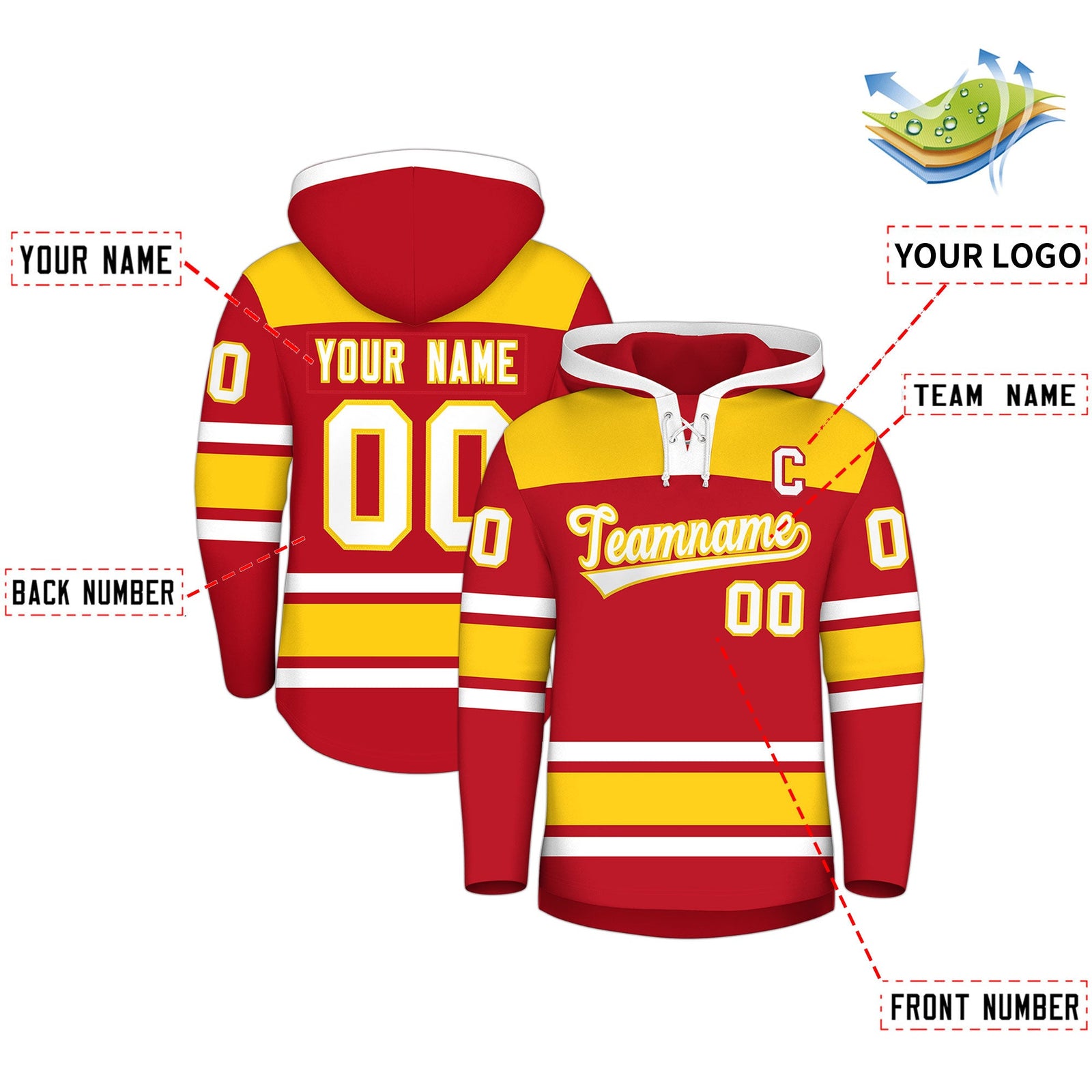 Custom Hockey Hoodie Jersey Red Gold Raglan Sleeves Lace-Up Neck Personalized Jersey for Men & Youth