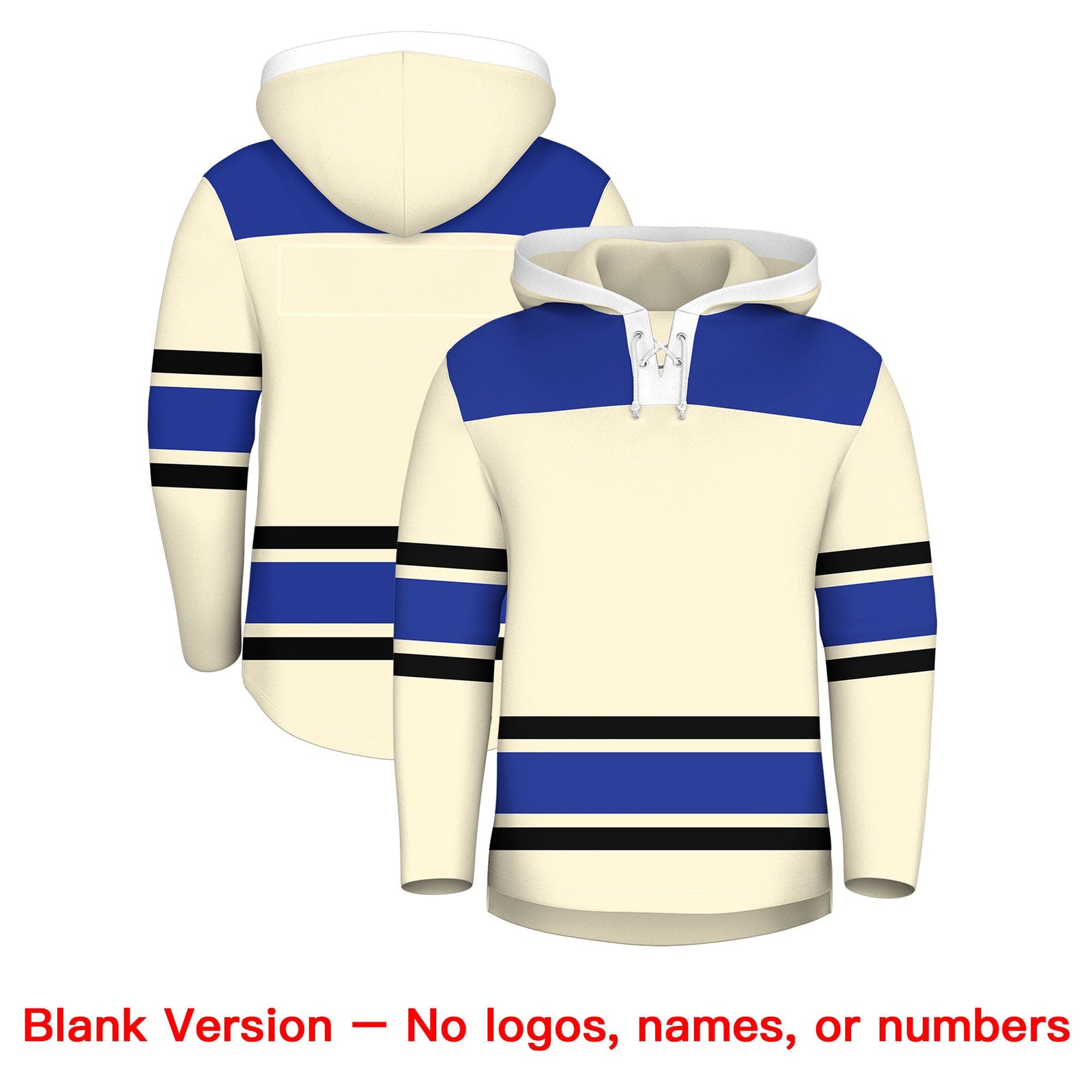 Custom Hockey Hoodie Jersey Cream Royal Blue Raglan Sleeves Lace-Up Neck Personal Name & Number & Logo