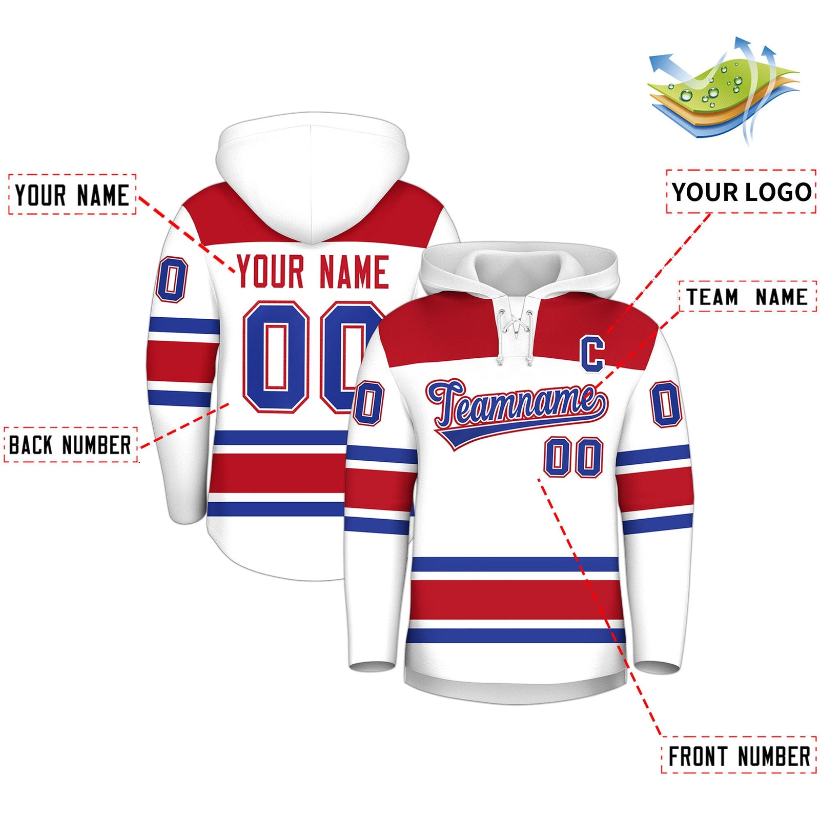 Custom Hockey Hoodie Jersey White Red Raglan Sleeves Lace-Up Neck Classic Team Colors Hoodie