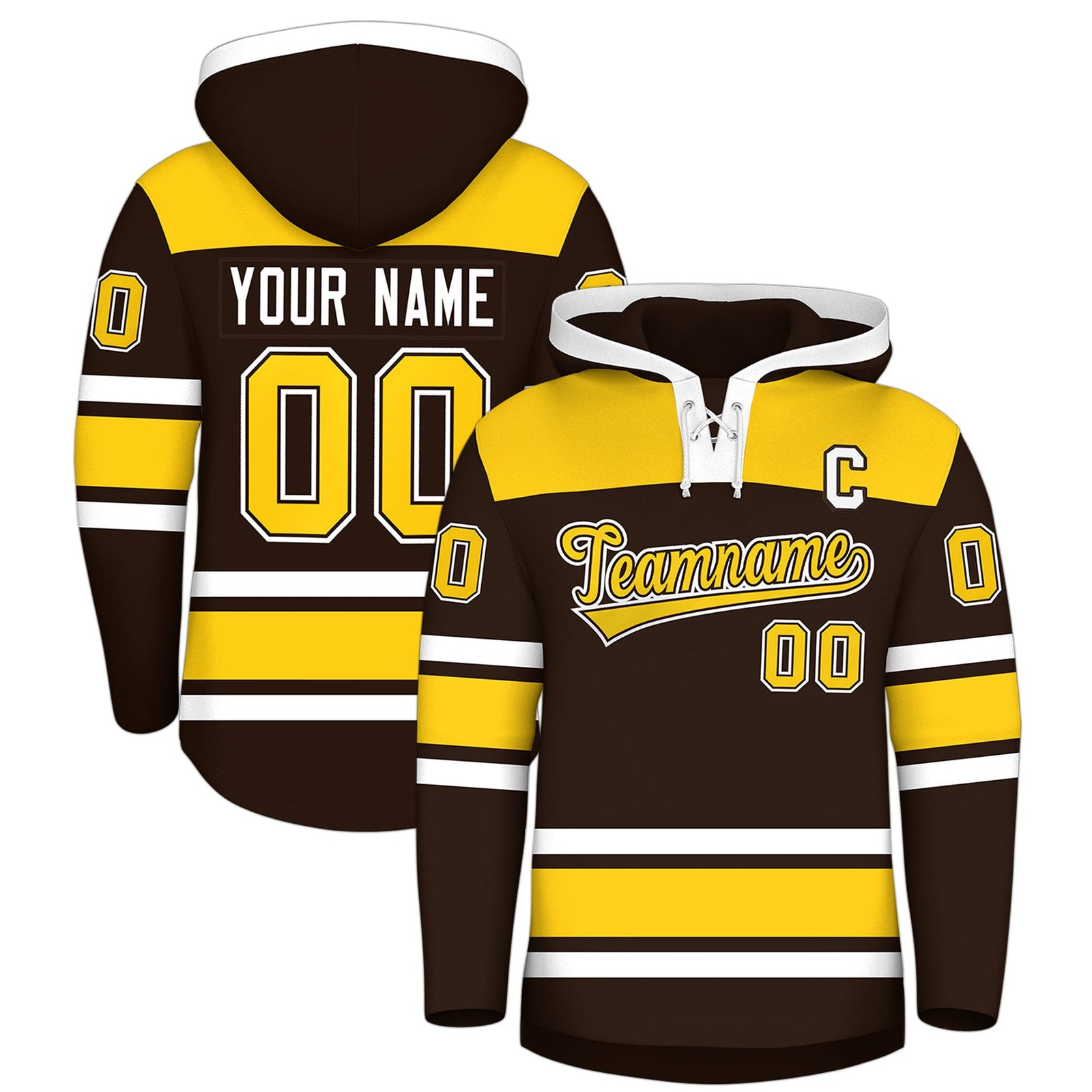 Custom Hockey Hoodie Jersey Brown Gold Raglan Sleeves Lace-Up Neck Personalized Jersey for Men & Youth