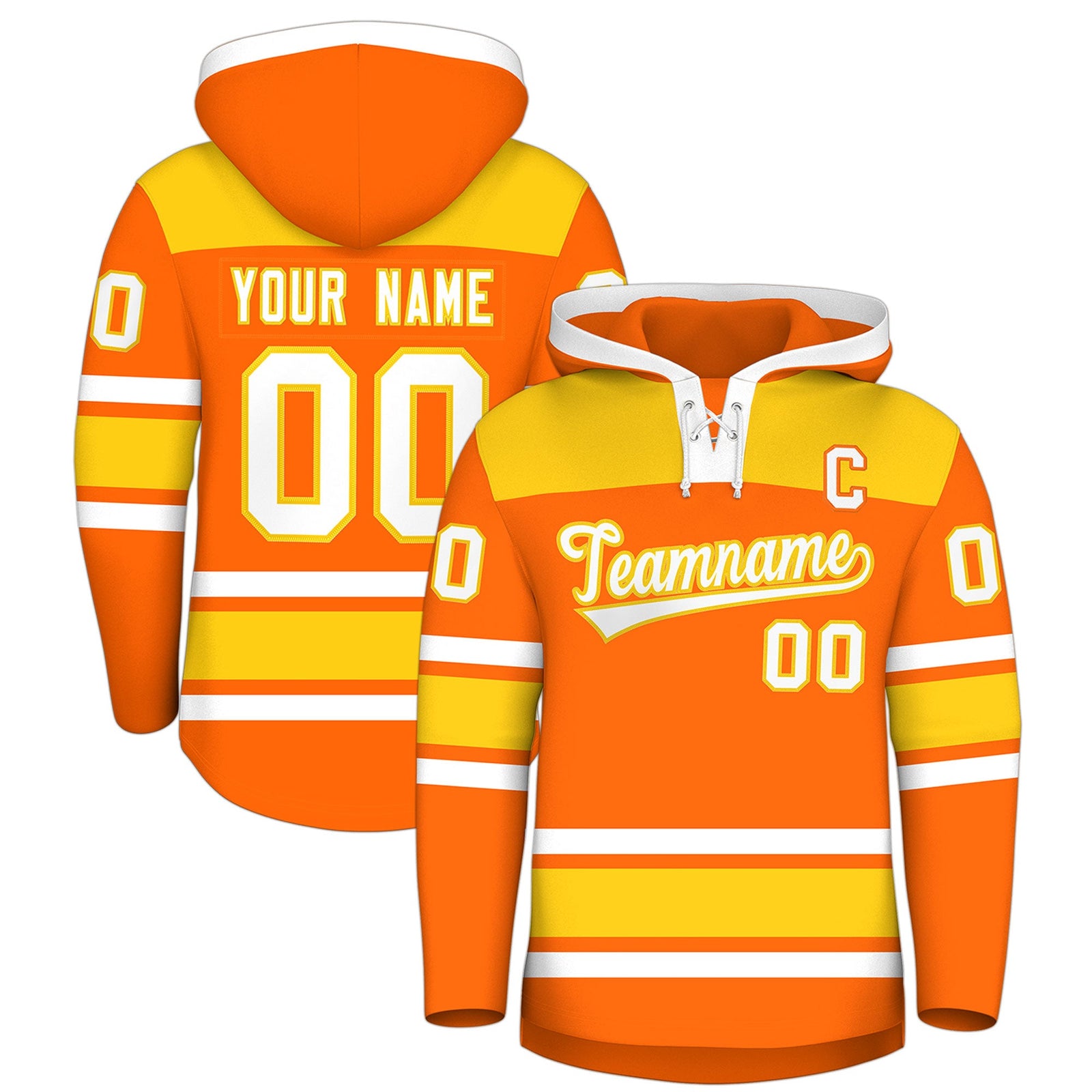 Custom Hockey Hoodie Jersey Orange Gold Raglan Sleeves Lace-Up Neck Personal Name & Number & Logo