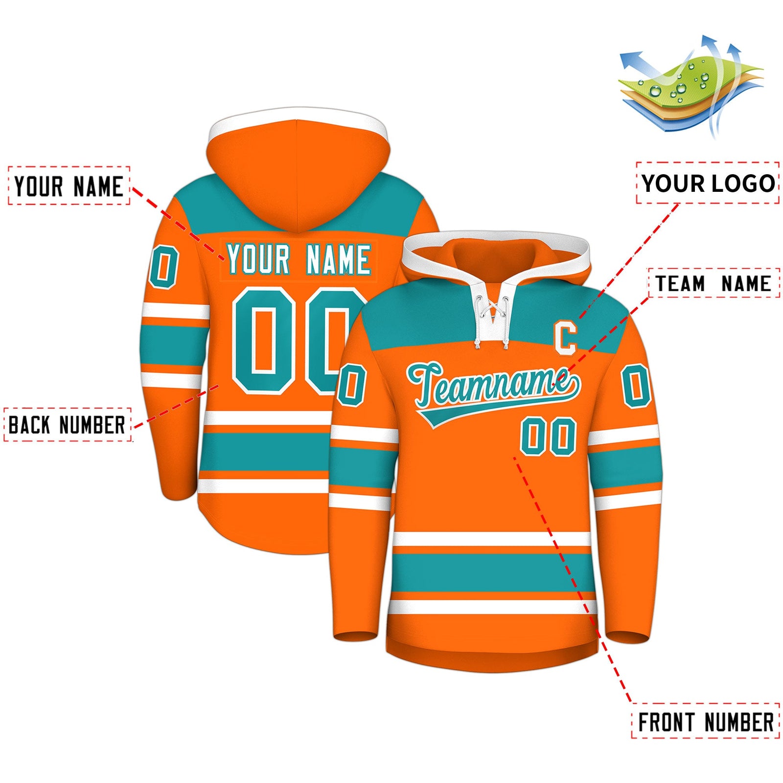 Custom Hockey Hoodie Jersey Orange Aqua Raglan Sleeves Lace-Up Neck Classic Team Colors Hoodie