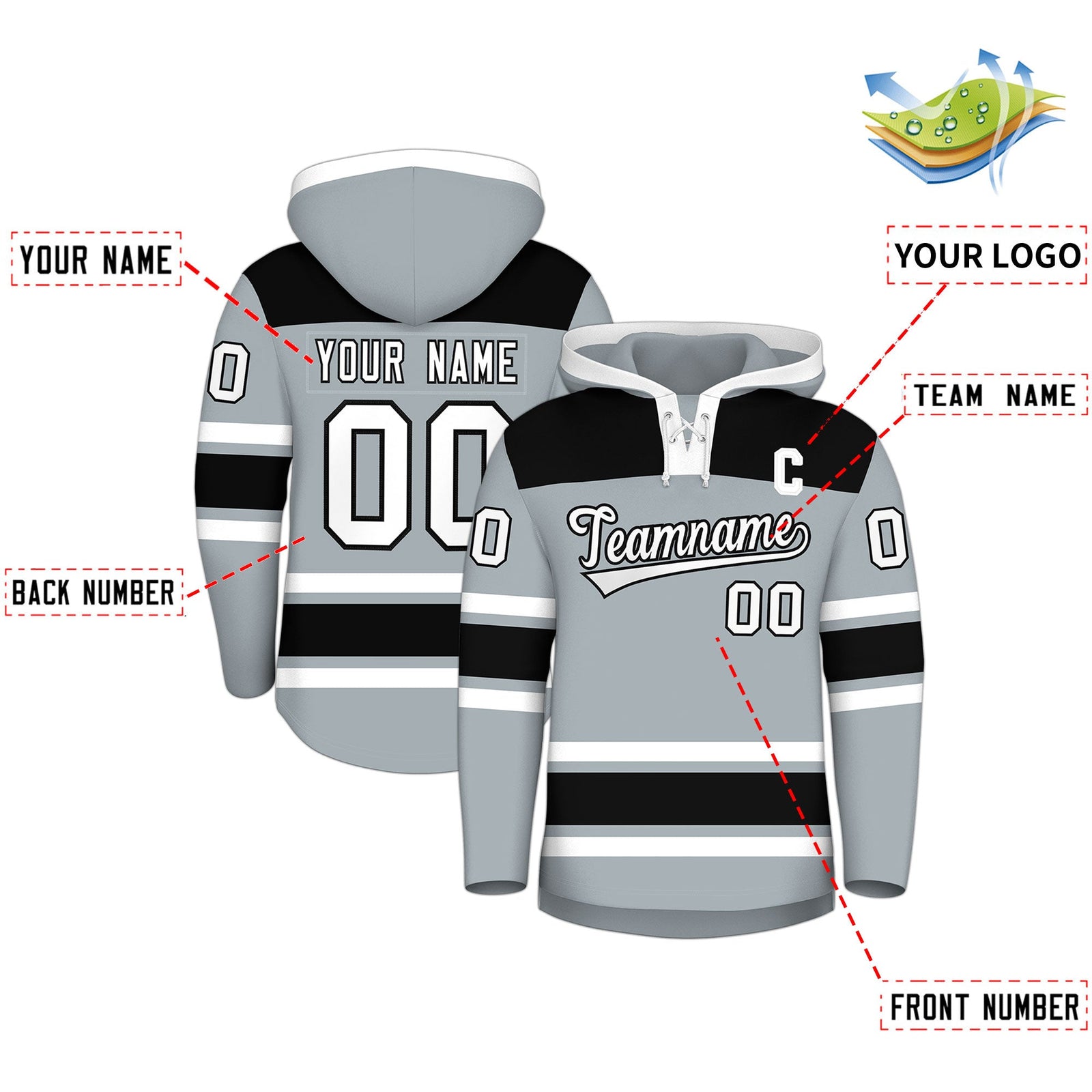 Custom Hockey Hoodie Jersey Silver Black Raglan Sleeves Lace-Up Neck Classic Team Colors Hoodie