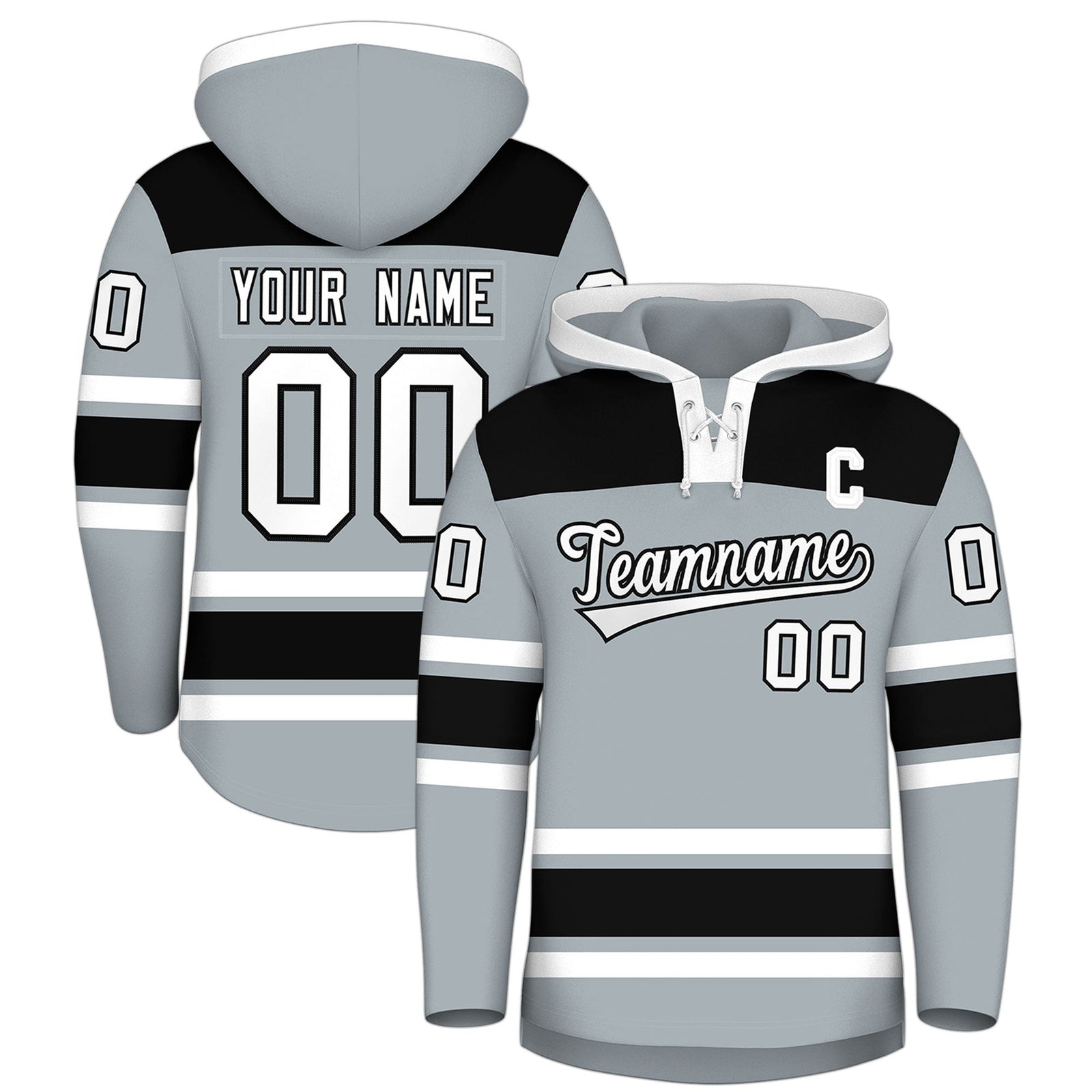 Custom Hockey Hoodie Jersey Silver Black Raglan Sleeves Lace-Up Neck Classic Team Colors Hoodie
