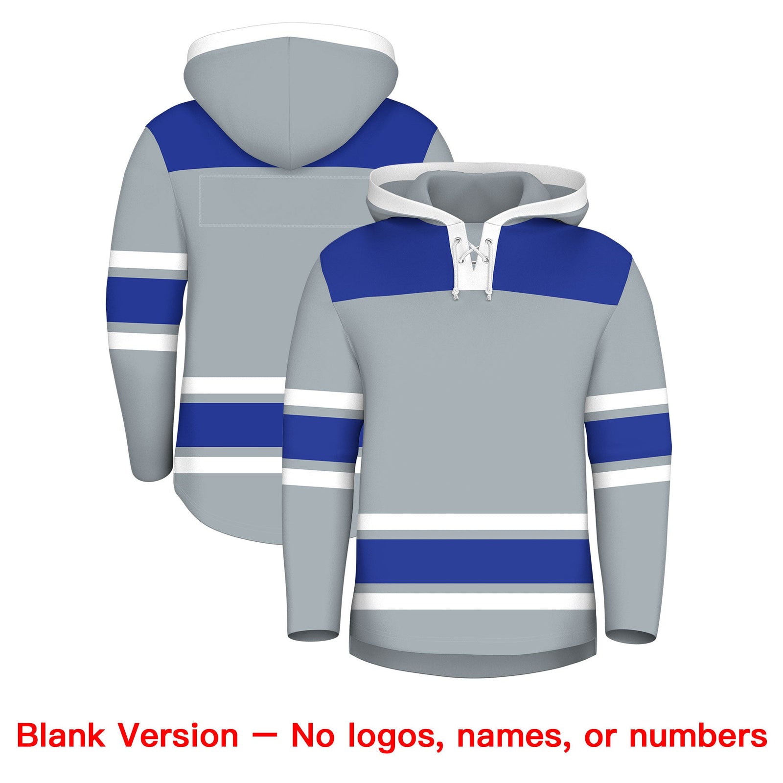 Custom Hockey Hoodie Jersey Silver Royal Blue Raglan Sleeves Lace-Up Neck Personalized Jersey for Men & Youth