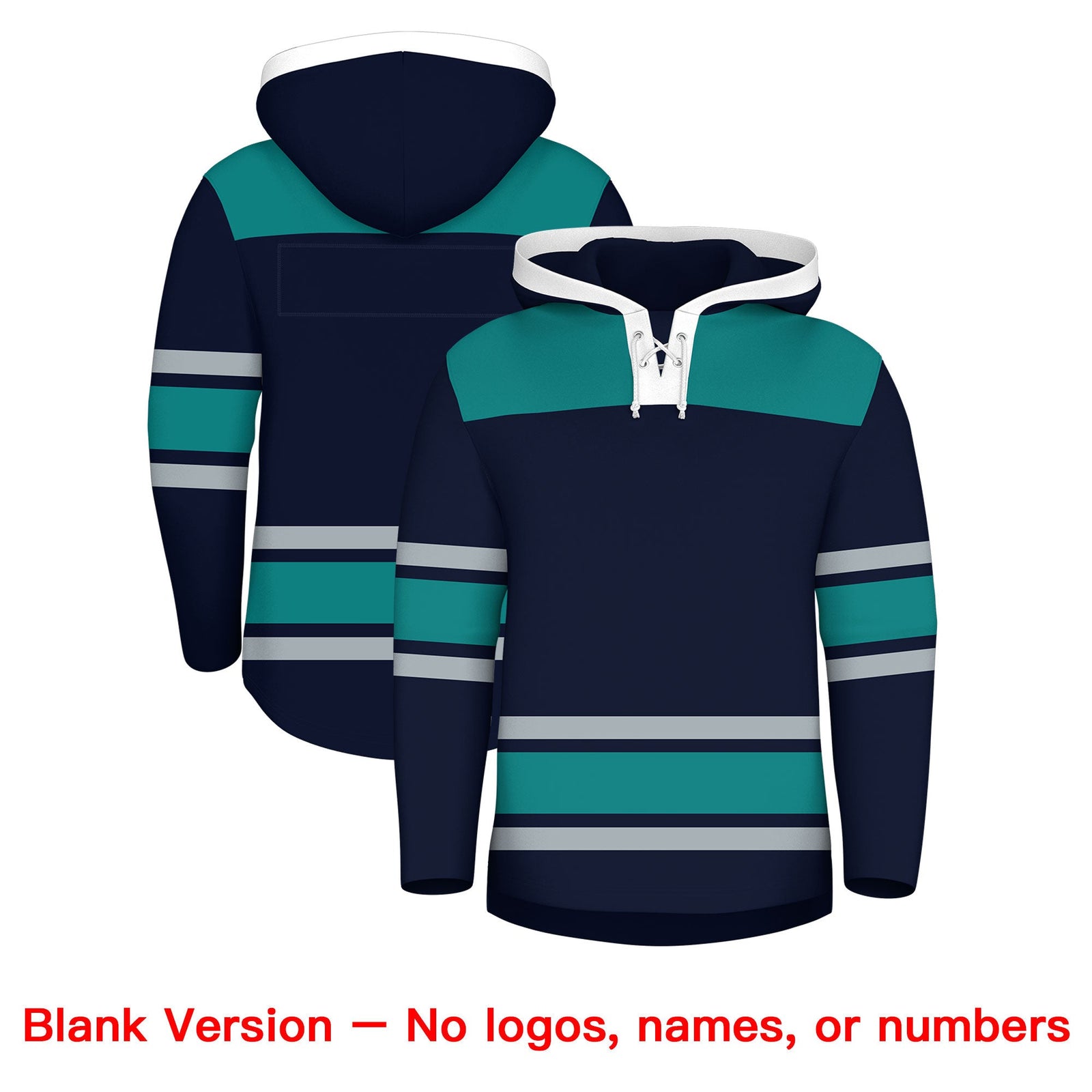 Custom Hockey Hoodie Jersey Navy Teal Raglan Sleeves Lace-Up Neck Classic Team Colors Hoodie