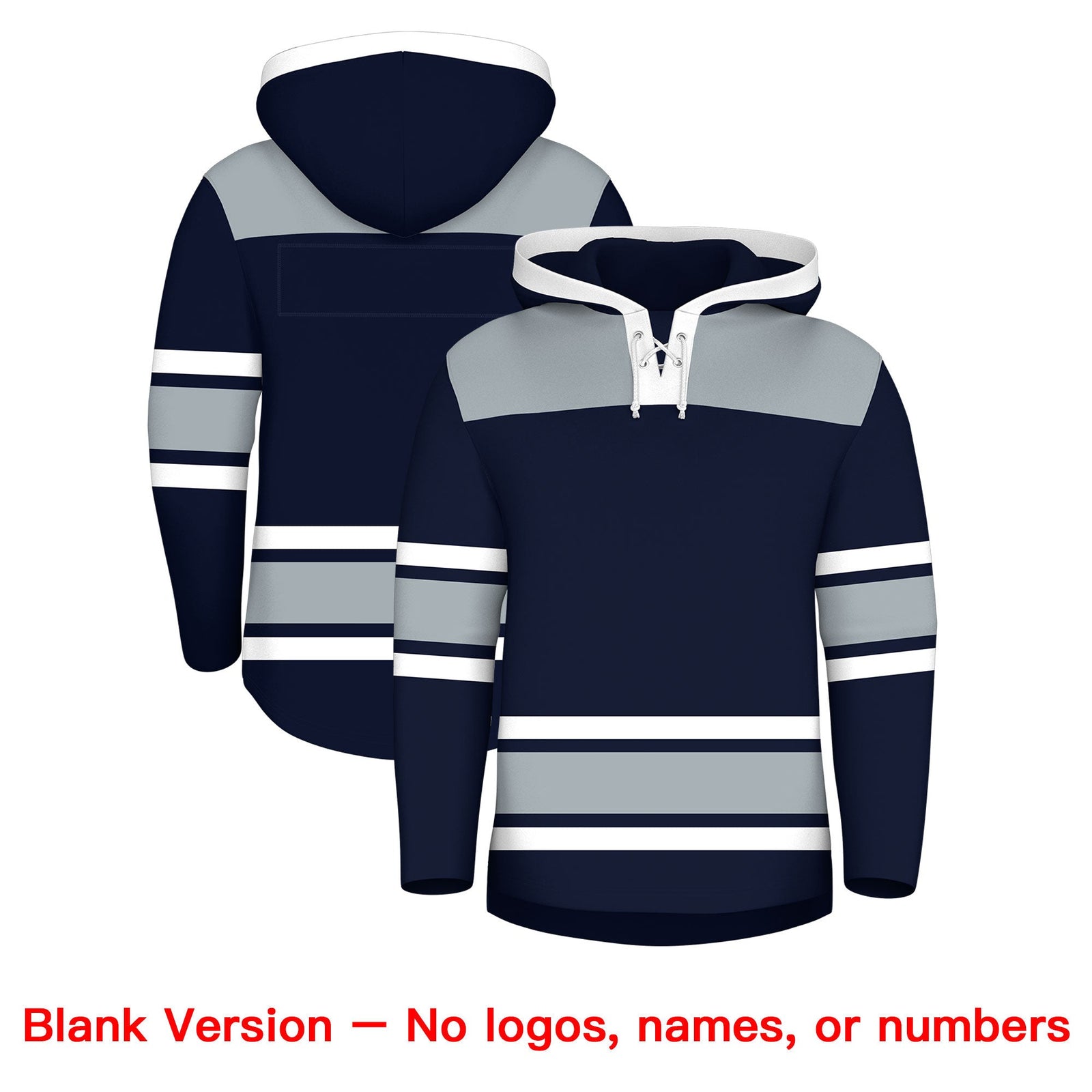 Custom Hockey Hoodie Jersey Navy Silver Raglan Sleeves Lace-Up Neck Personalized Jersey for Men & Youth