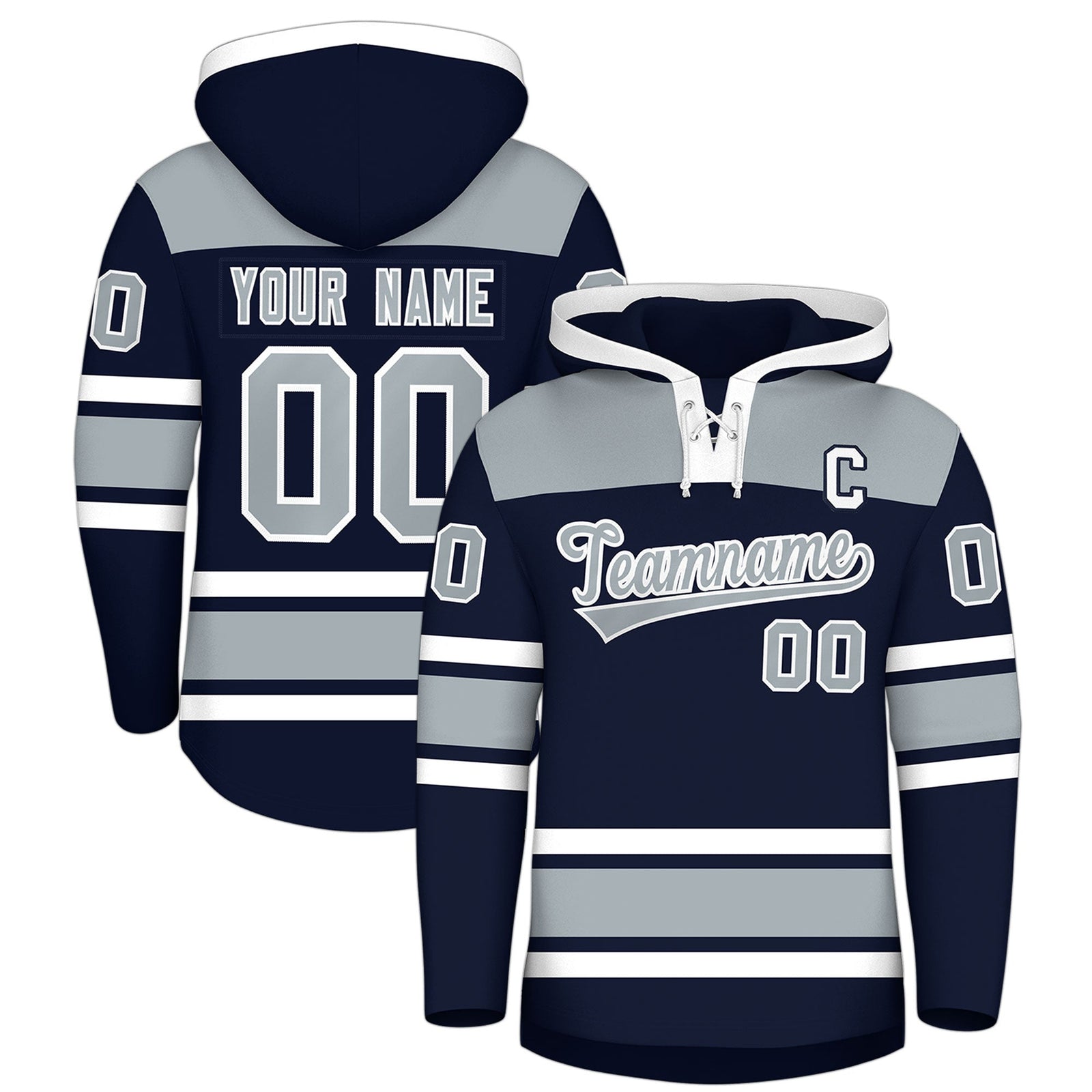 Custom Hockey Hoodie Jersey Navy Silver Raglan Sleeves Lace-Up Neck Personalized Jersey for Men & Youth