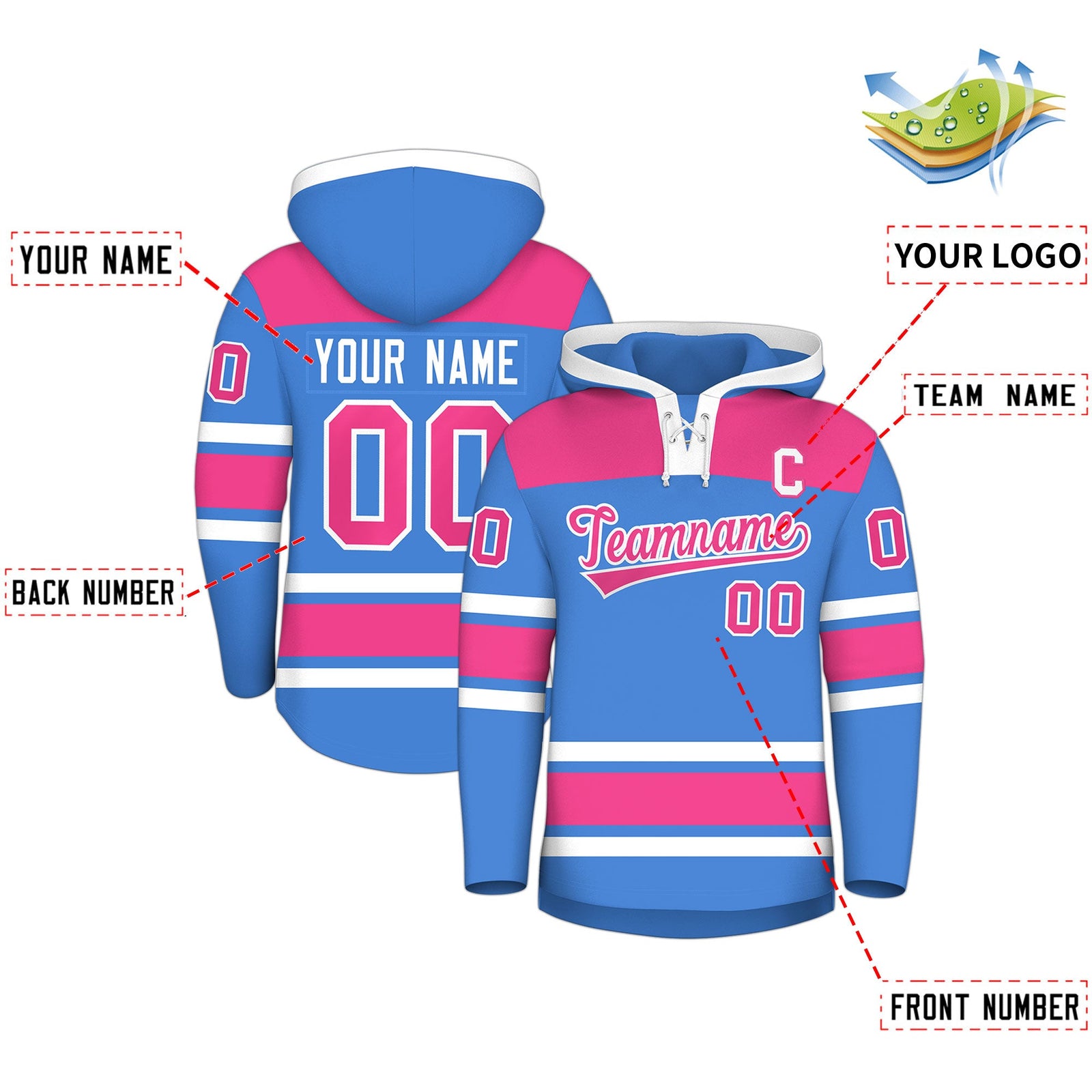 Custom Hockey Hoodie Jersey Powder Blue Raglan Sleeves Lace-Up Neck Personal Name & Number & Logo