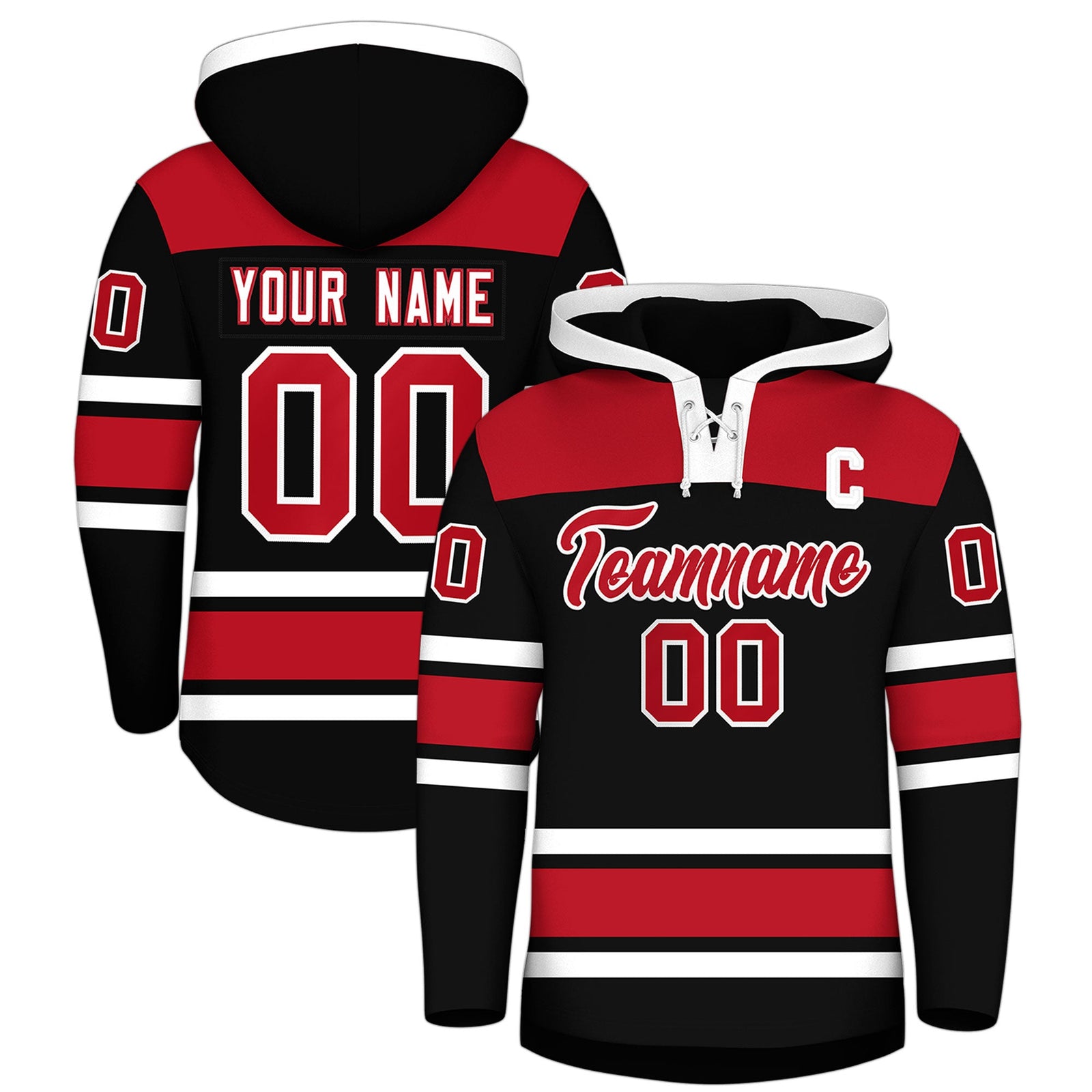 Custom Hockey Hoodie Jersey Black Red Raglan Sleeves Lace-Up Neck Personalized Jersey for Men & Youth