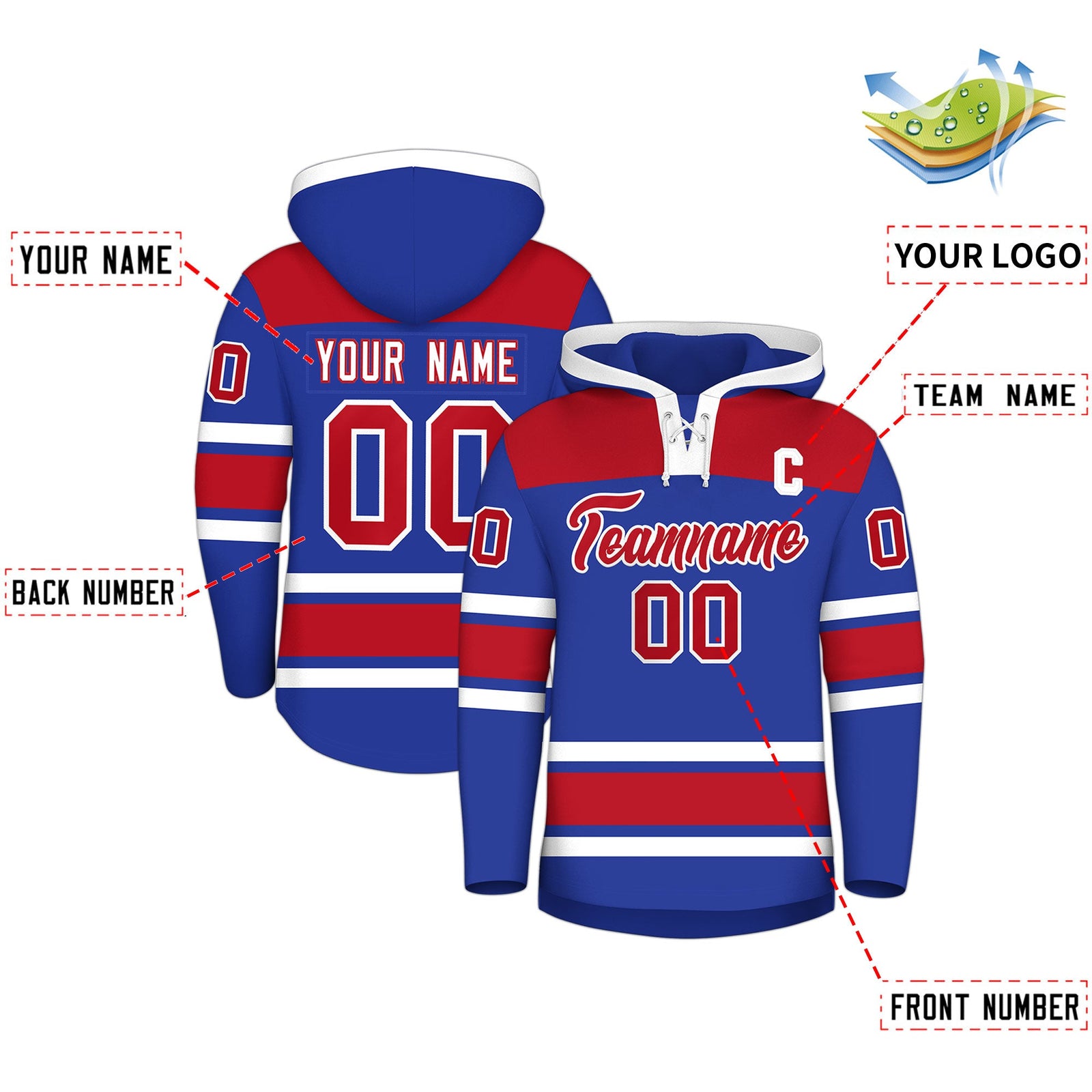 Custom Hockey Hoodie Jersey Royal Blue Red Raglan Sleeves Lace-Up Neck Personal Name & Number & Logo