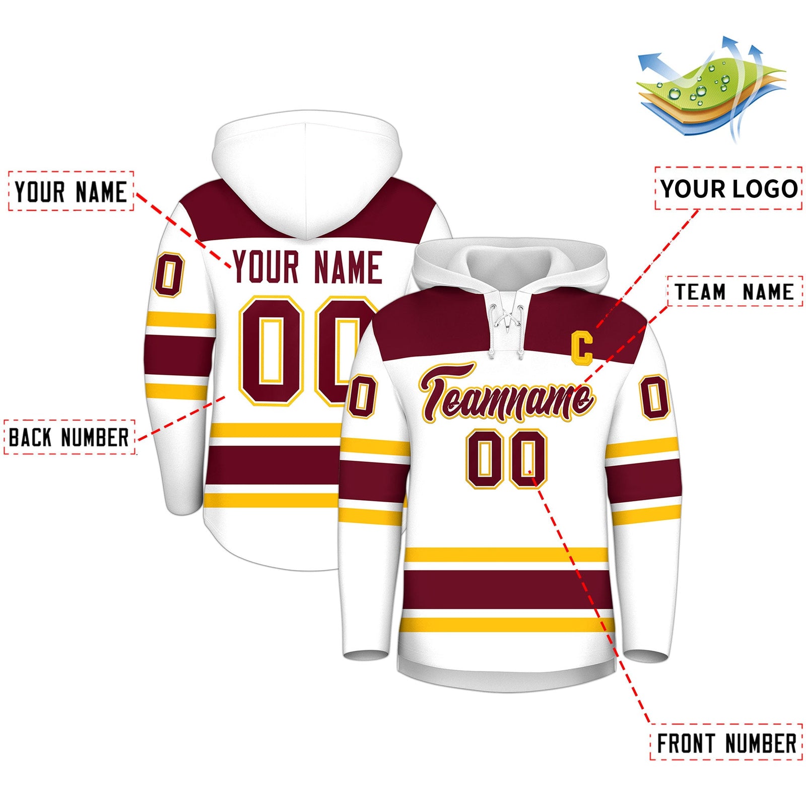 Custom Hockey Hoodie Jersey White Crimson Raglan Sleeves Lace-Up Neck Personalized Jersey for Men & Youth