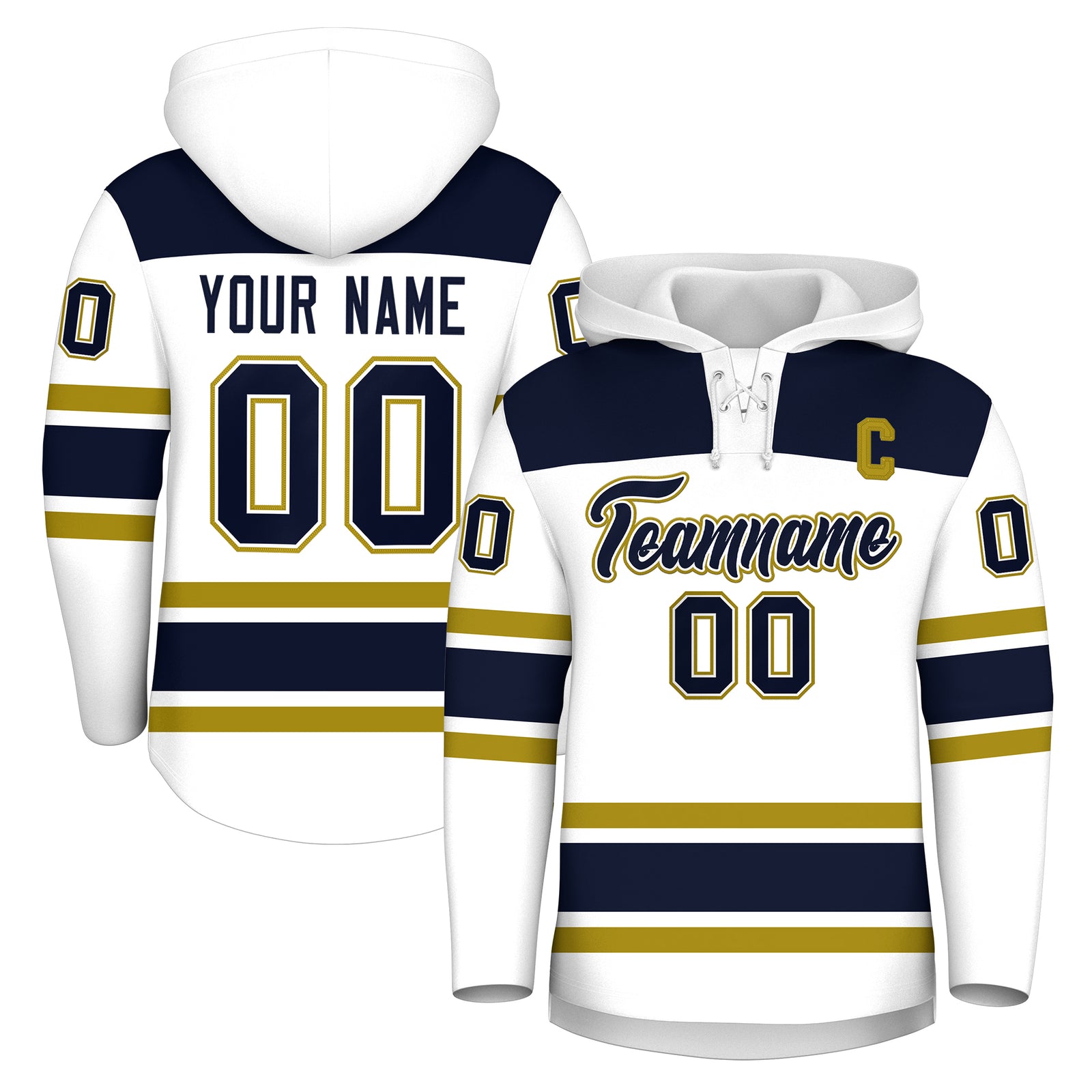 Custom Hockey Hoodie Jersey White Navy Raglan Sleeves Lace-Up Neck Personal Name & Number & Logo