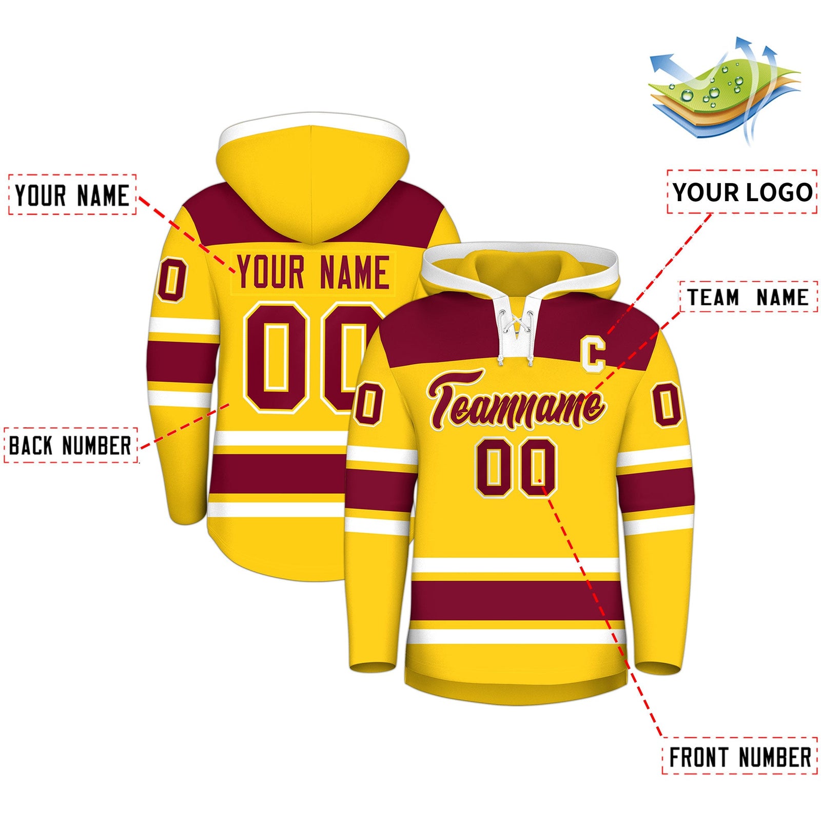 Custom Hockey Hoodie Jersey Gold Crimson Raglan Sleeves Lace-Up Neck Personalized Jersey for Men & Youth