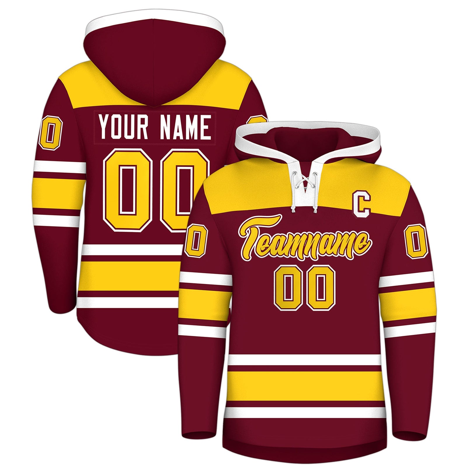 Custom Hockey Hoodie Jersey Crimson Gold Raglan Sleeves Lace-Up Neck Personalized Jersey for Men & Youth