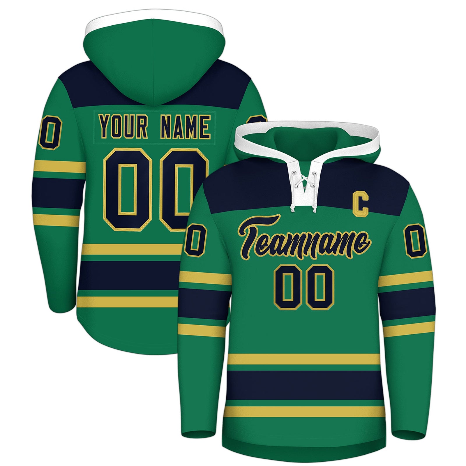 Custom Hockey Hoodie Jersey Kelly Green Old Gold Raglan Sleeves Lace-Up Neck Classic Team Colors Hoodie