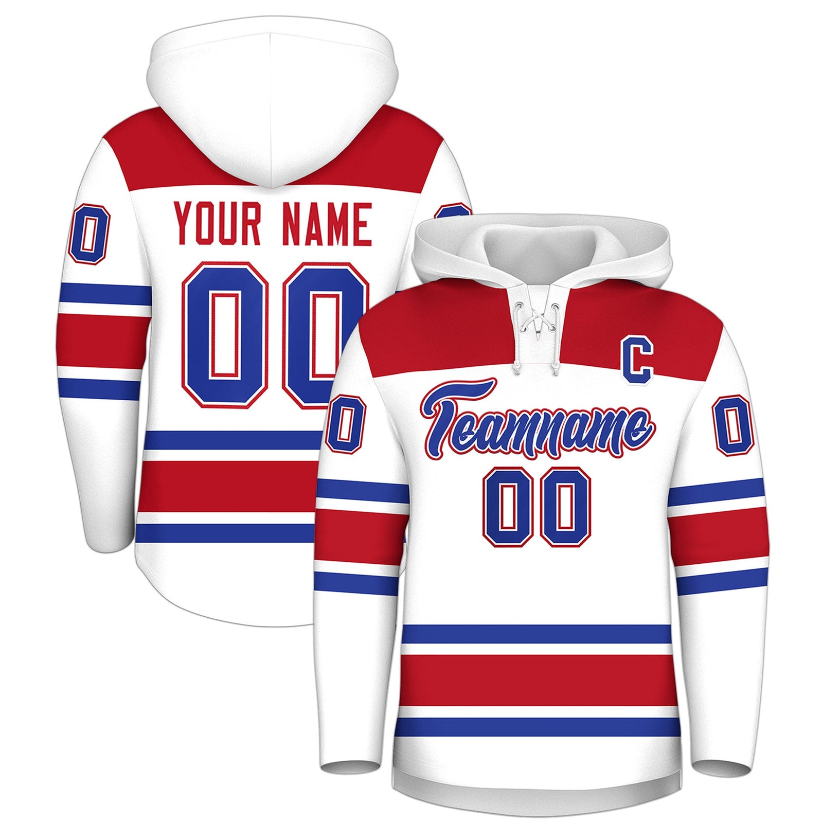 Custom Hockey Hoodie Jersey White Red Raglan Sleeves Lace-Up Neck Classic Team Colors Hoodie